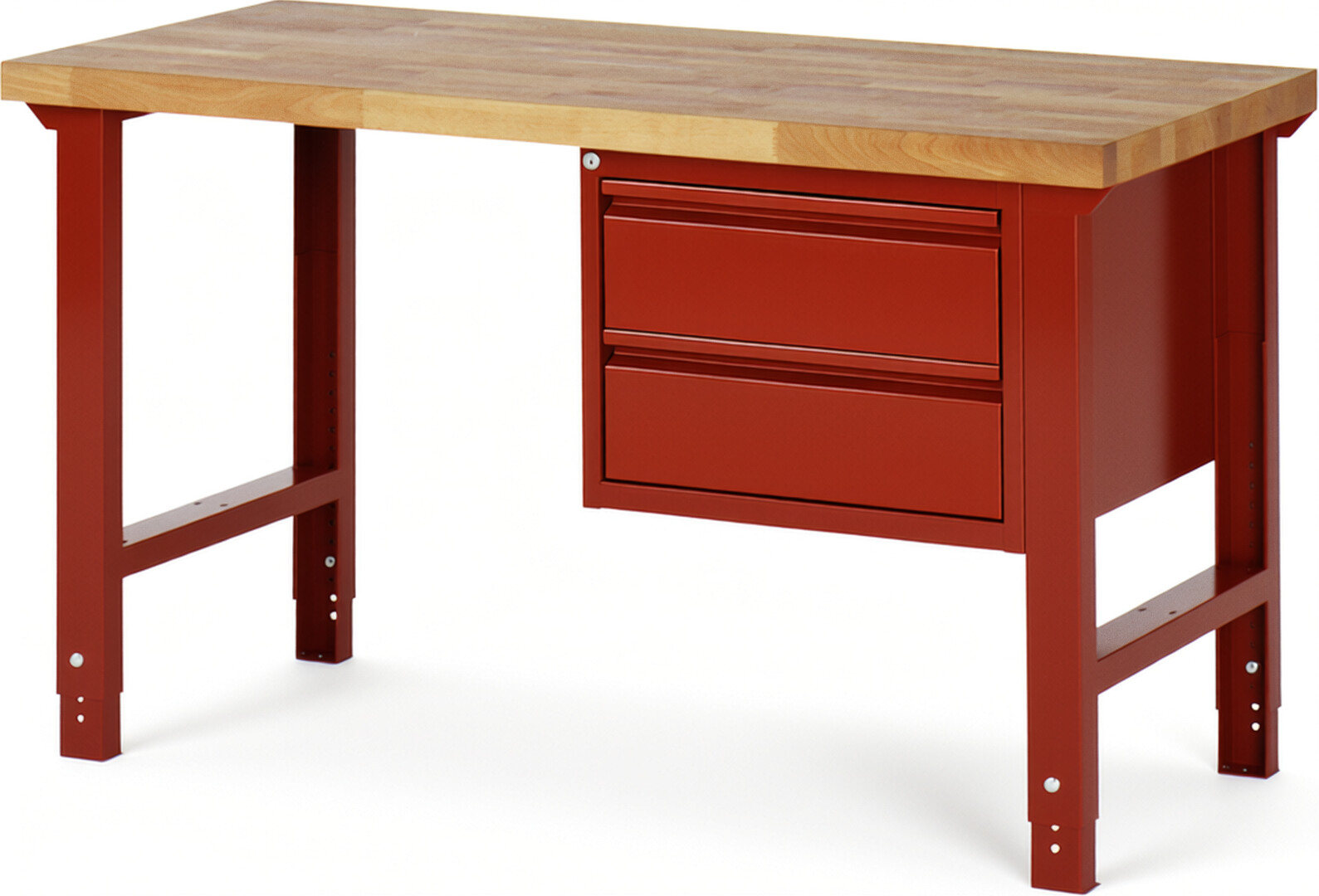 Werkbank rot, BxTxH 1500x700x790-1140 mm, Platte Buche 40 mm 40 mm, 2 Schubladen 180 mm, RAL 3000/3000