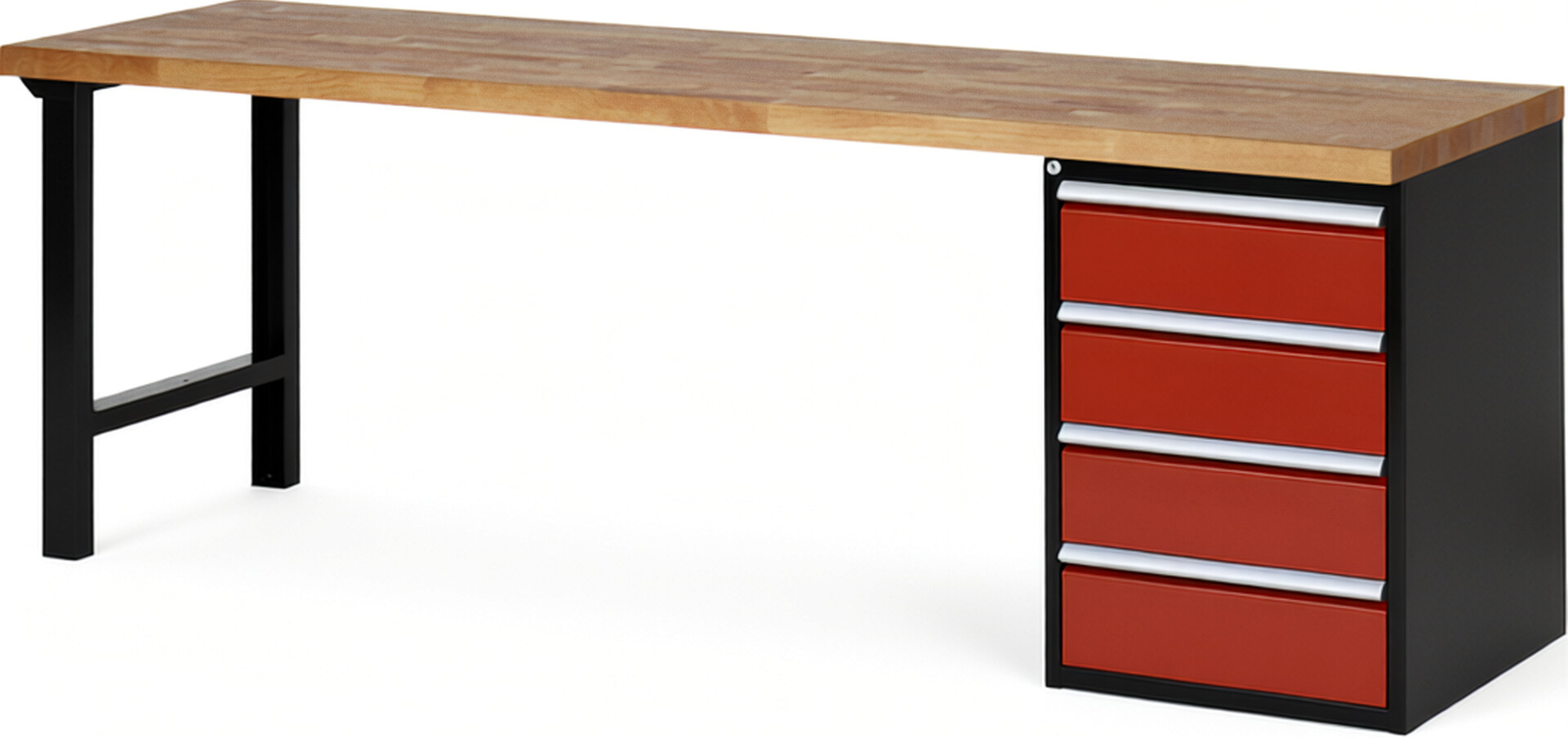 RAU Werkbank schwarz - rot - Breite 250 cm - Tiefe 70 cm - Höhe 84 cm - Buche-Massiv Arbeitsplatte 40 mm