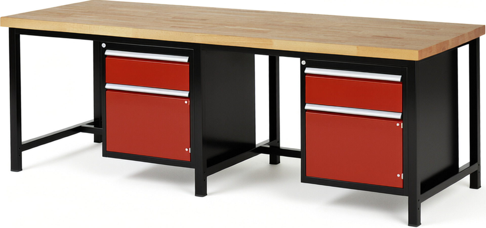 RAU Werkbank schwarz - rot - Breite 250 cm - Tiefe 90 cm - Höhe 104 cm - Buche-Massiv Arbeitsplatte 40 mm