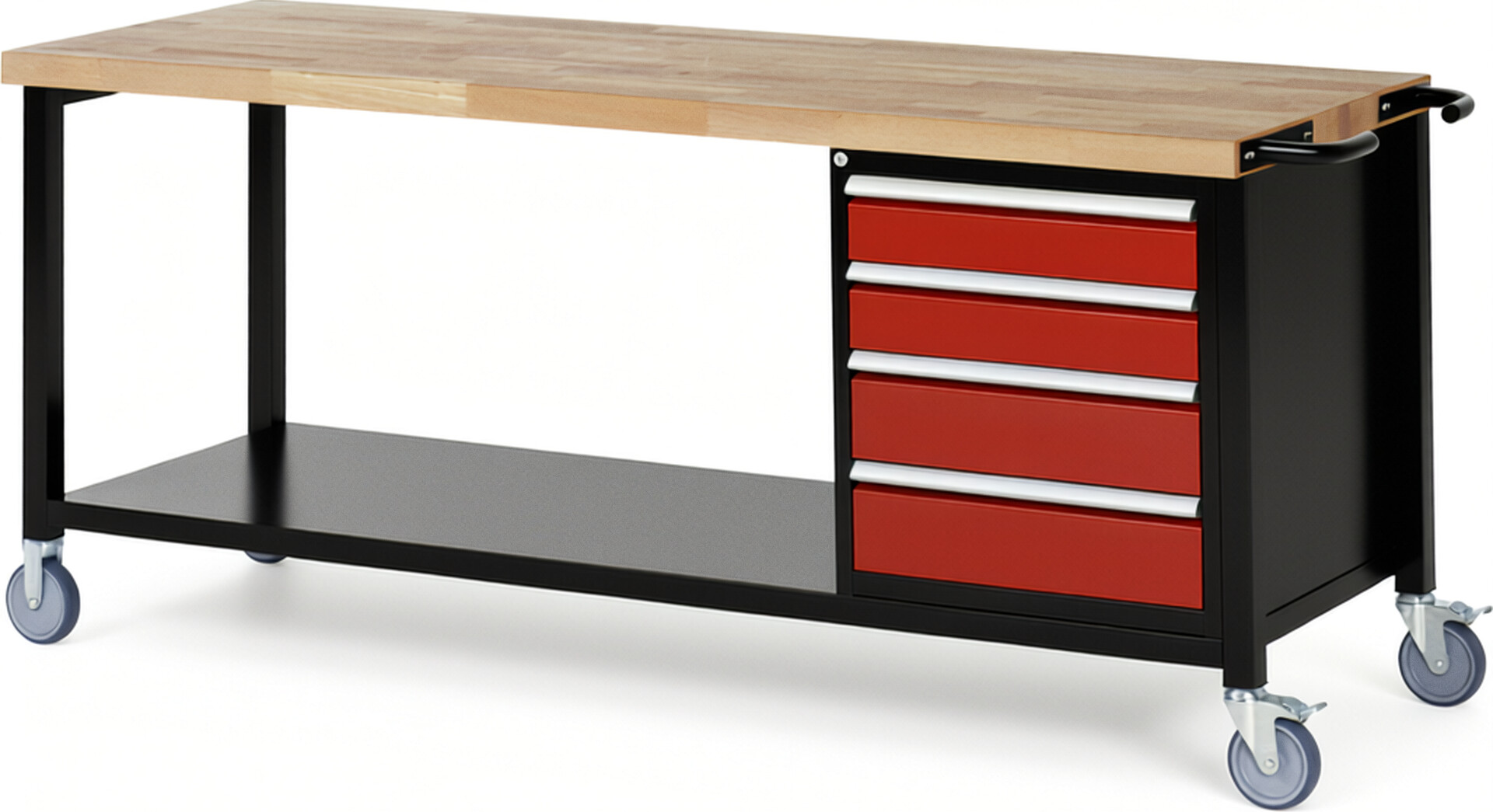 RAU Werkbank schwarz - rot - Breite 200 cm - Tiefe 70 cm - Höhe 108 cm - Buche-Massiv Arbeitsplatte 40 mm