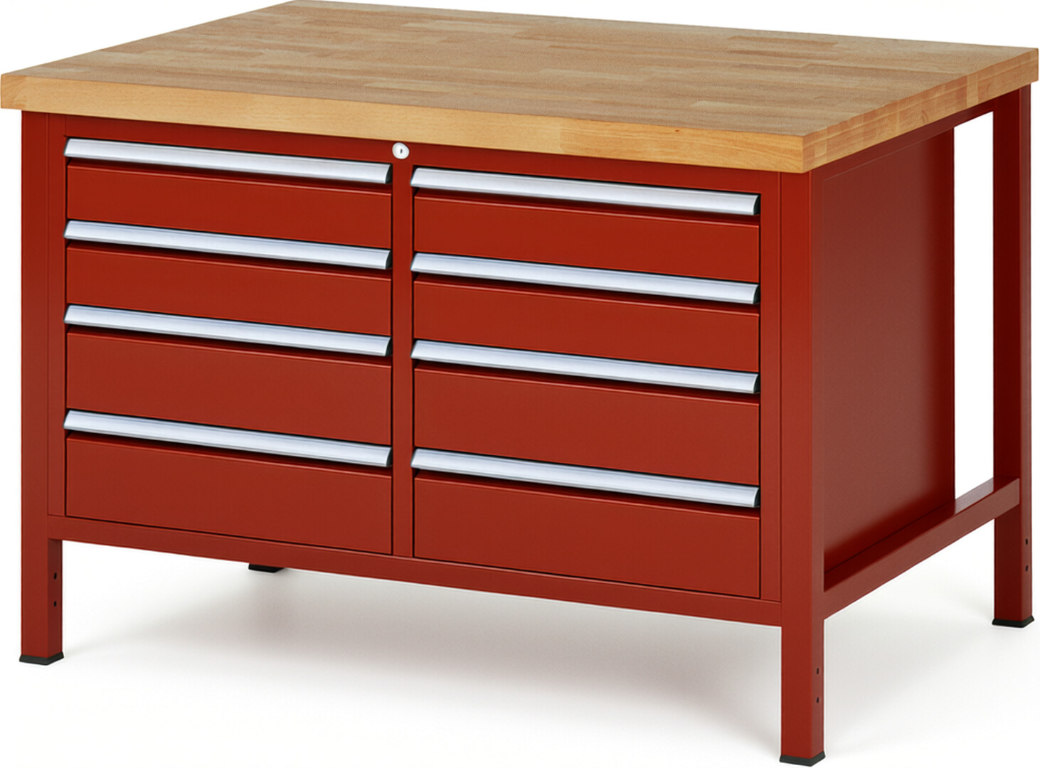 Werkbank Modell 8477 rot, BxTxH 1250x900x840 mm,  Buche-Massiv Arbeitsplatte 40 mm,  8 Schubladen mit  Auszug 90 %