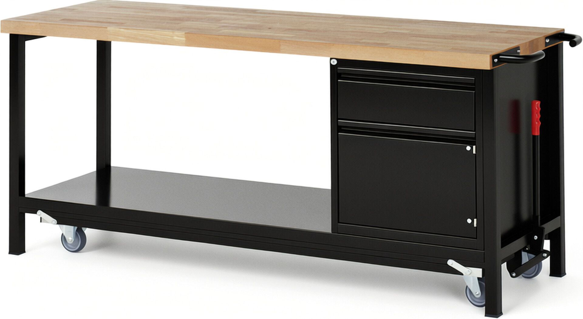 Absenkbare Werkbank - Modell 8152 BASIC schwarz, BxTxH 2000x700x880 mm,  Buche-Massiv Arbeitsplatte 40 mm,  1 Schublade mit  Auszug 90 %