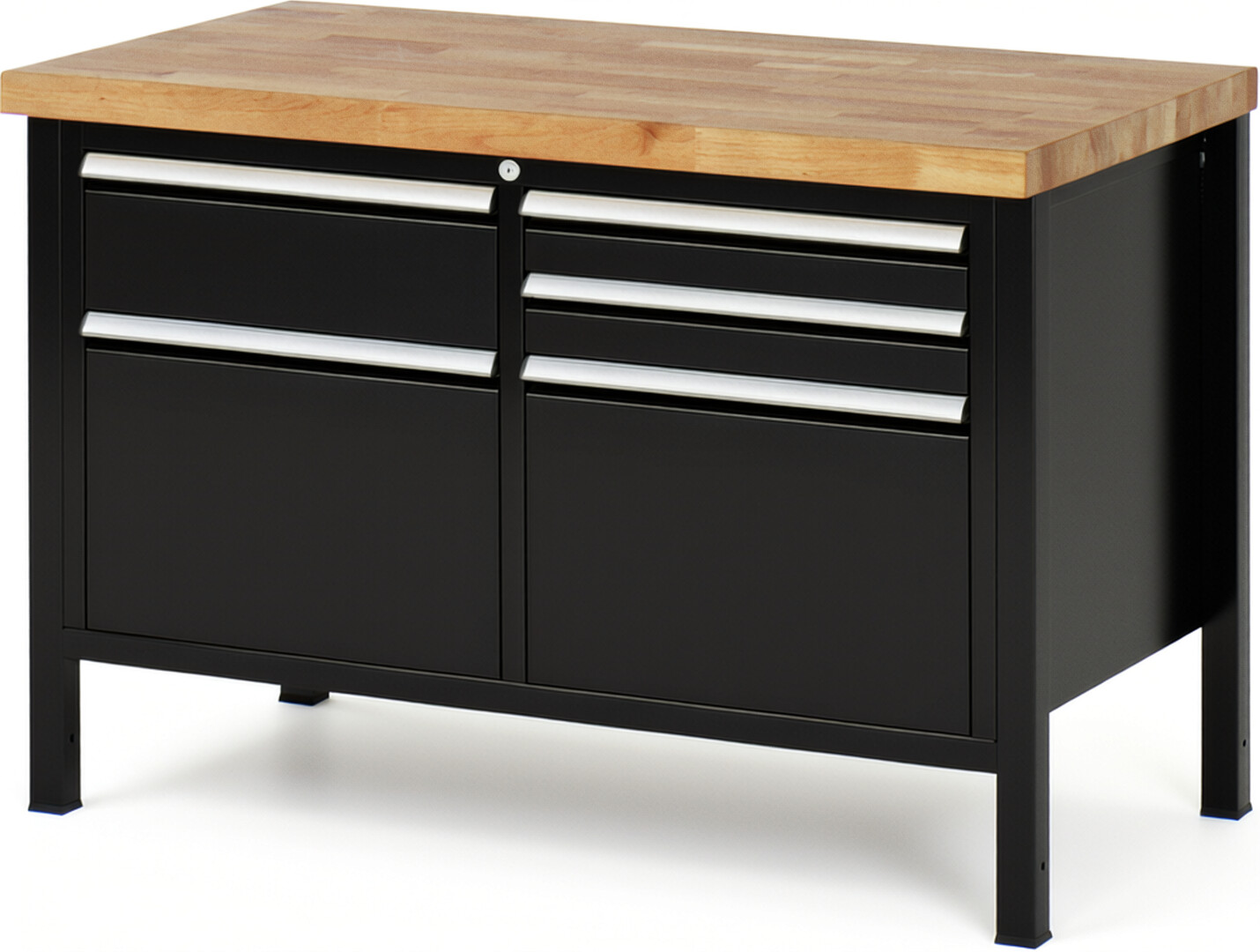 Werkbank Modell 8472 schwarz, BxTxH 1250x700x840-1040 mm,  Buche-Massiv Arbeitsplatte 40 mm,  5 Schubladen mit  Vollauszug 100 % und  SoftClosing