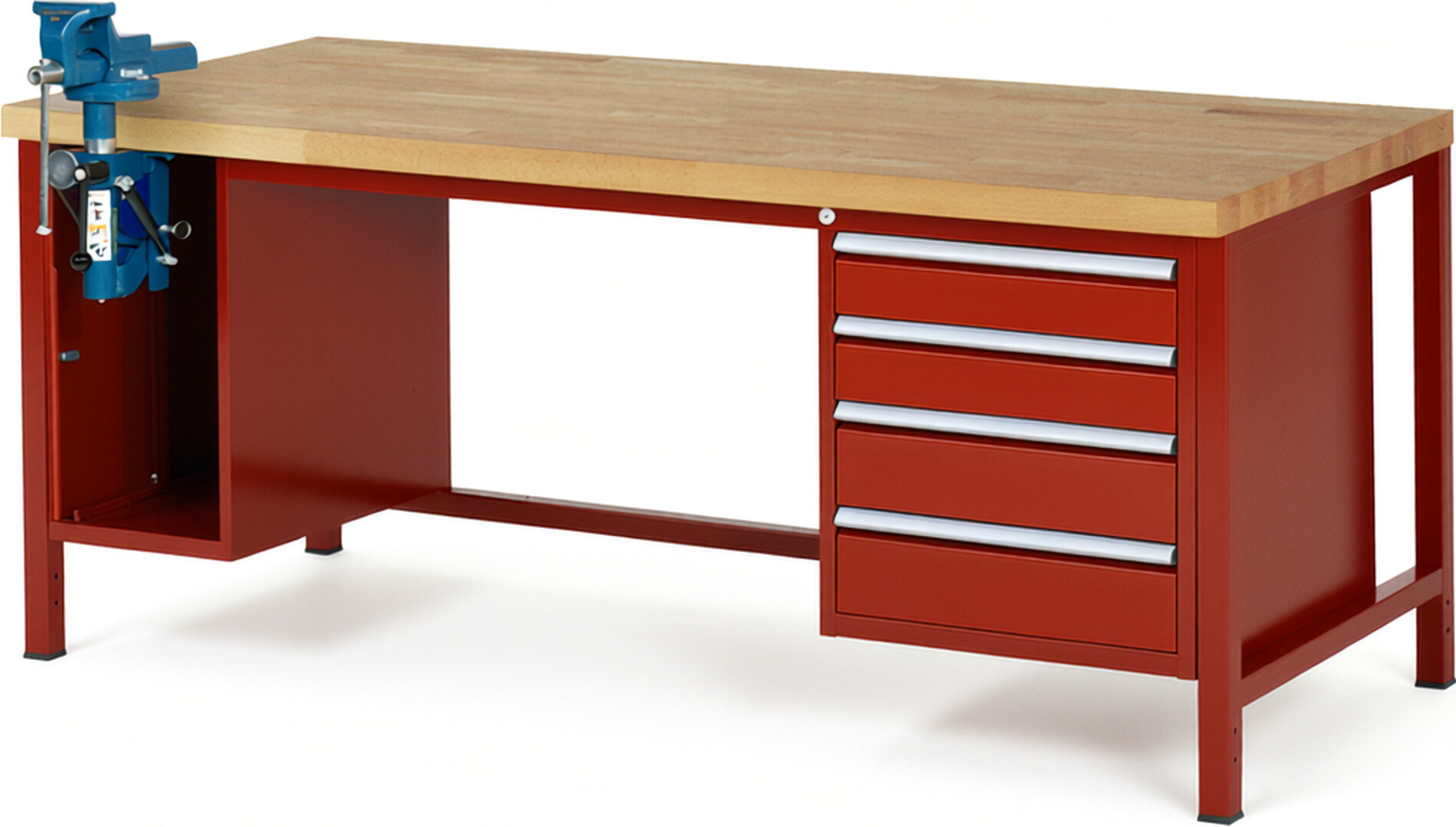 Werkbank Modell 8185 rot, BxTxH 2000x900x840-1040 mm,  Buche-Massiv Arbeitsplatte 40 mm,  4 Schubladen mit  Vollauszug 100 % und  SoftClosing