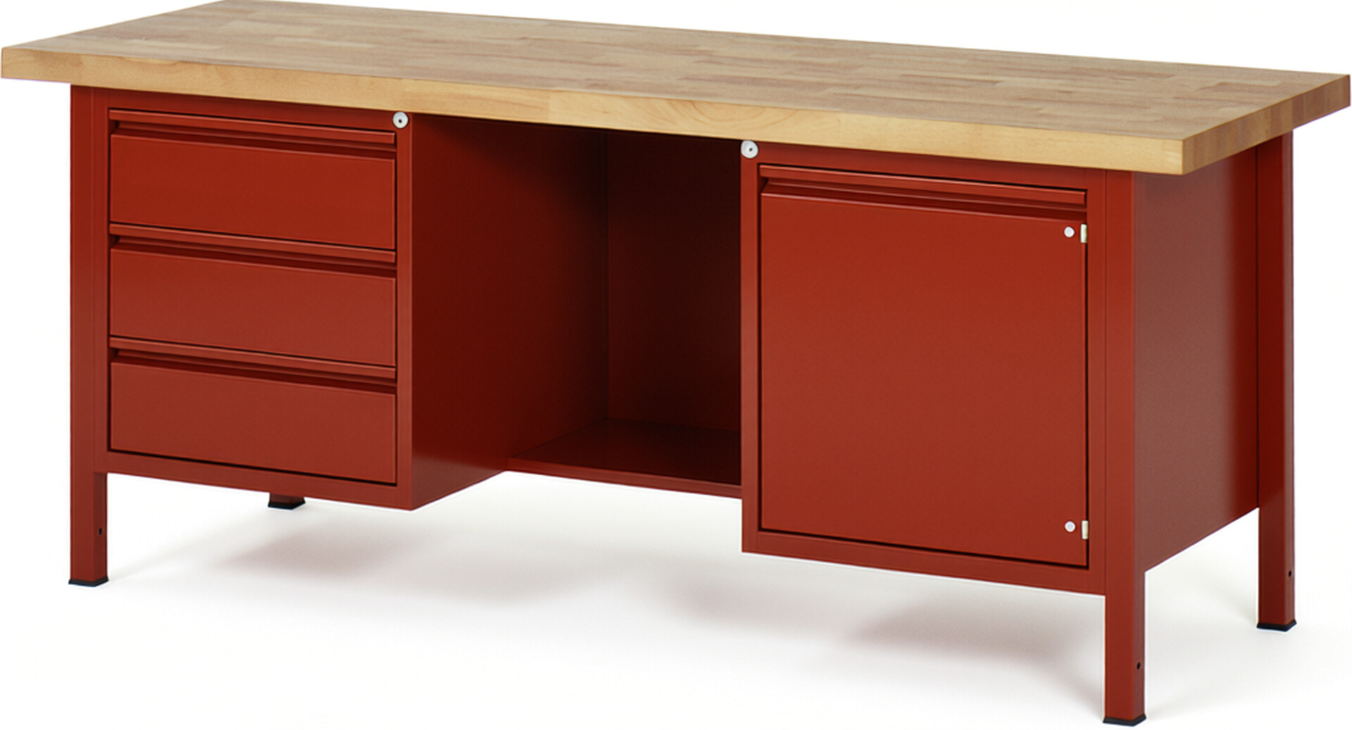 Werkbank rot, BxTxH 2000x700x840-1040 mm, Platte Buche 40 mm, 3 Schubladen 180 mm, 1 Türe 540 mm, 1 Fachboden, RAL 3000/3000