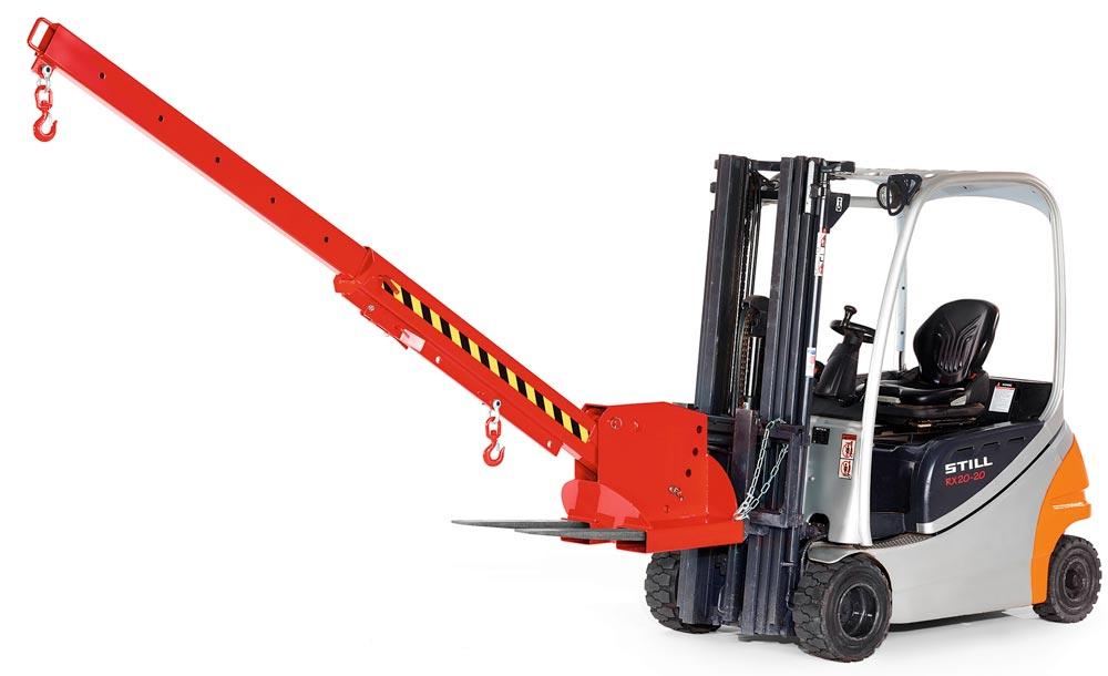 Kranarm für Gabelstapler, Länge 2260-3760 mm, Traglast 650-3000 kg, 6fach ausziehbar, 5fach höhenverstellbar, RAL 3000 feuerrot