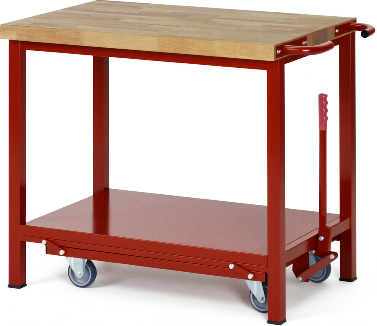 Absenkbare Werkbank - Modell 8000 BASIC rot, BxTxH 1000x700x880 mm,  Buche-Massiv Arbeitsplatte 40 mm