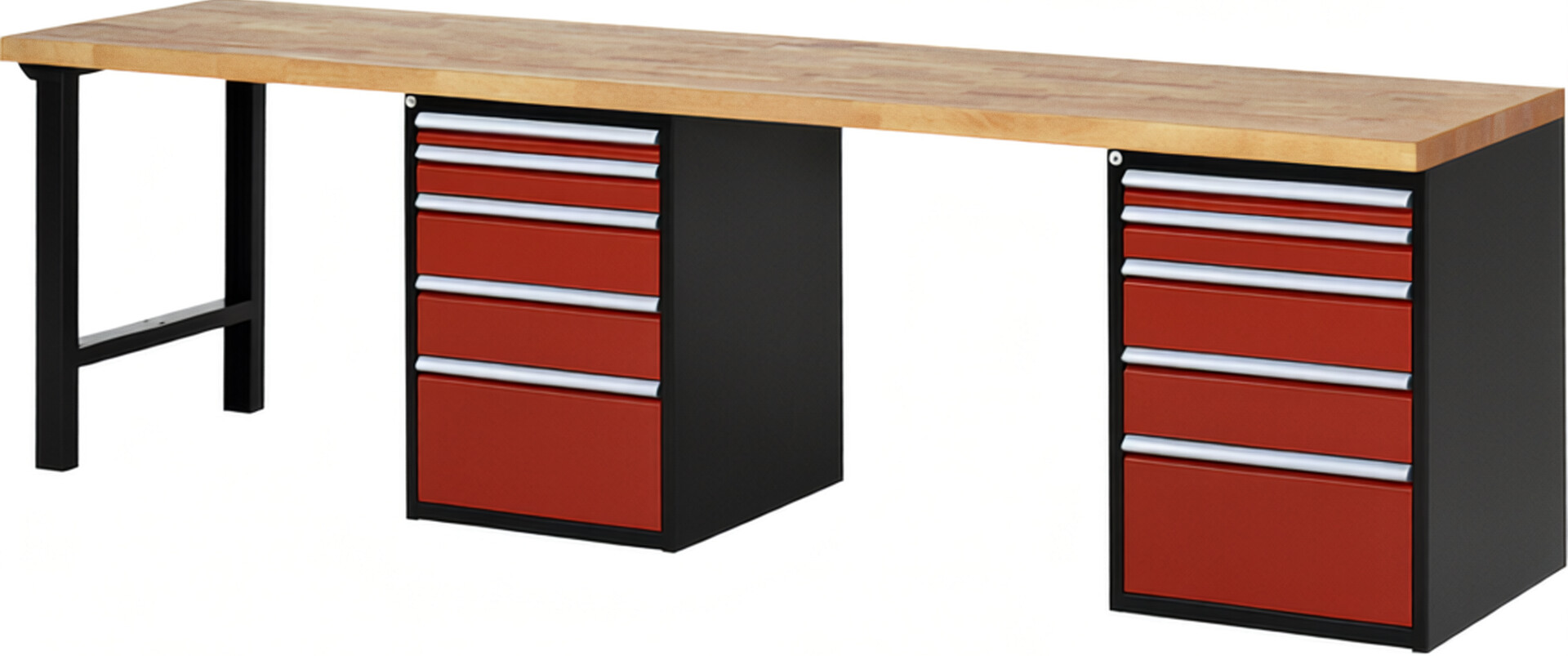 Werkbank Modell 7511 schwarz-rot, BxTxH 3000x700x890 mm,  Buche-Massiv Arbeitsplatte 40 mm,  10 Schubladen mit  Vollauszug 100 % und  SoftClosing