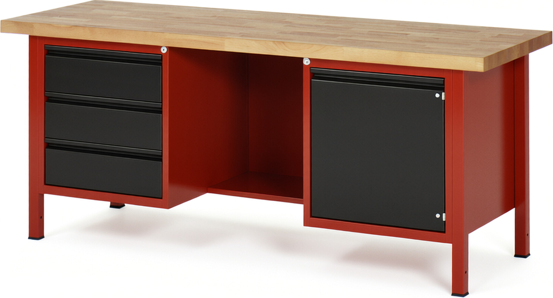 Werkbank rot - schwarz, BxTxH 2000x700x840-1040 mm, Platte Buche 40 mm, 3 Schubladen 180 mm, 1 Türe 540 mm, 1 Fachboden, RAL 3000/9011