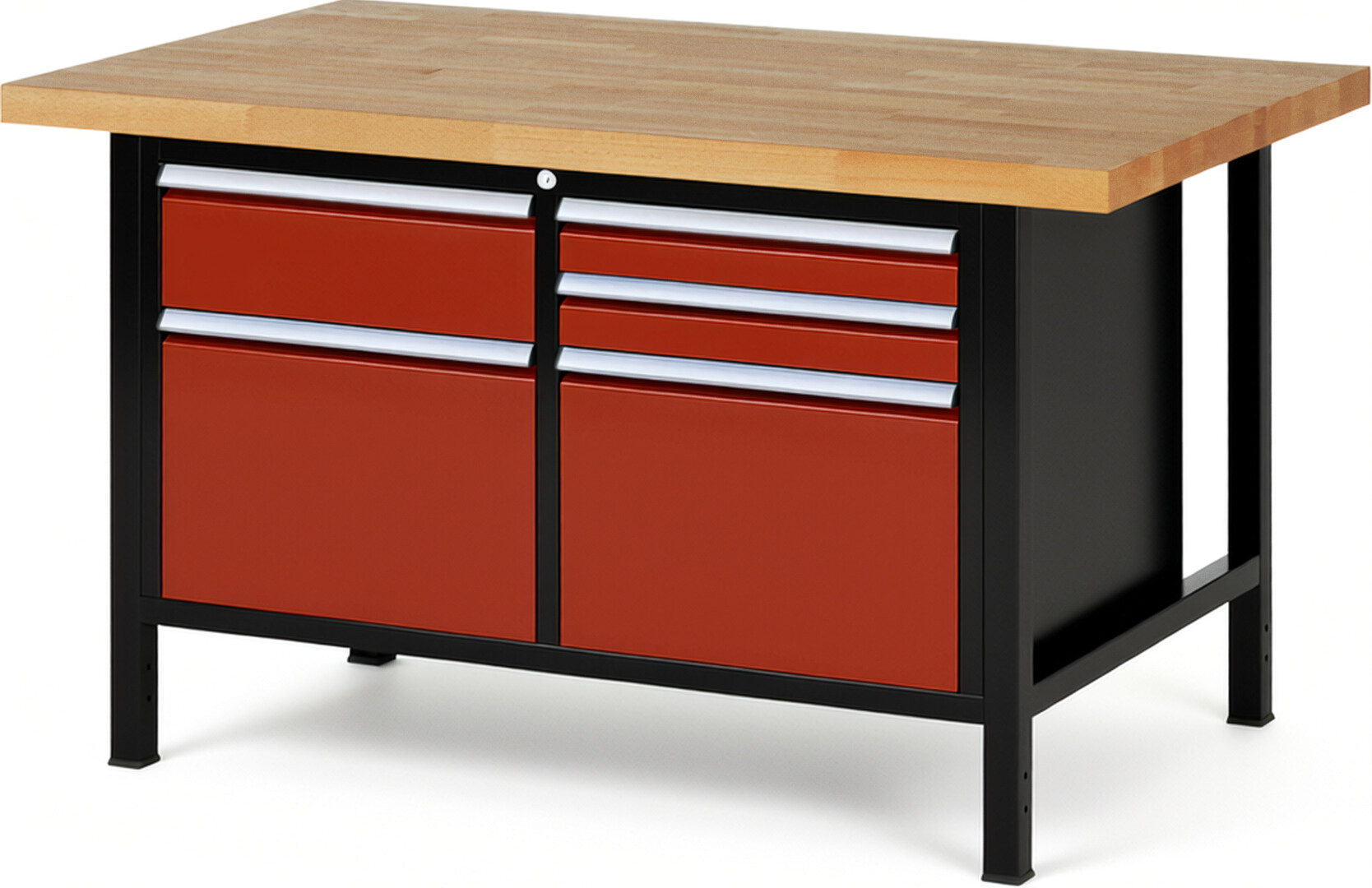 RAU Werkbank schwarz - rot - Breite 150 cm - Tiefe 90 cm - Höhe 84 cm - Buche-Massiv Arbeitsplatte 40 mm