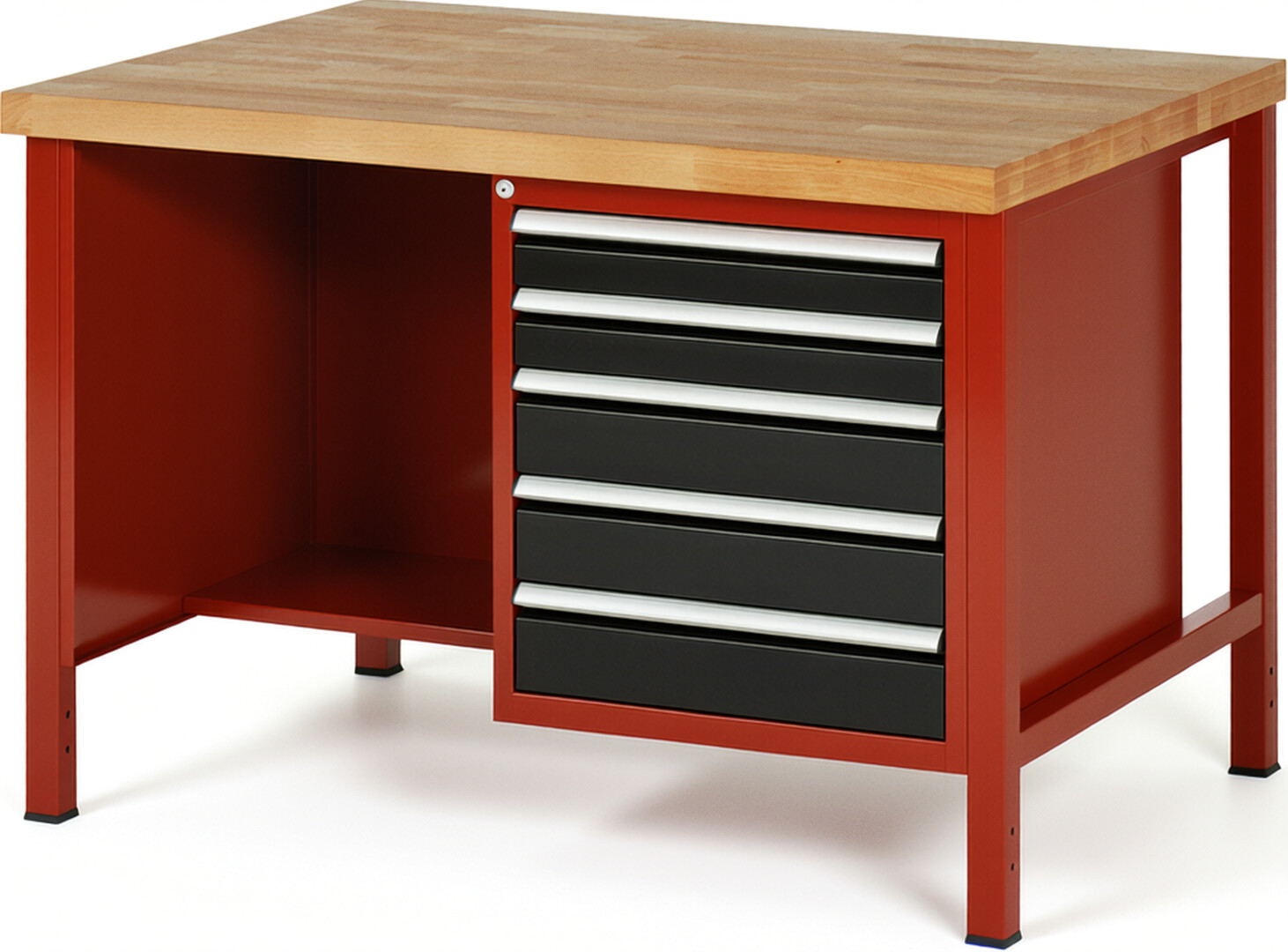 Werkbank Modell 8454 rot - schwarz, BxTxH 1250x900x840 mm,  Buche-Massiv Arbeitsplatte 40 mm,  5 Schubladen mit  Vollauszug 100 % und  SoftClosing