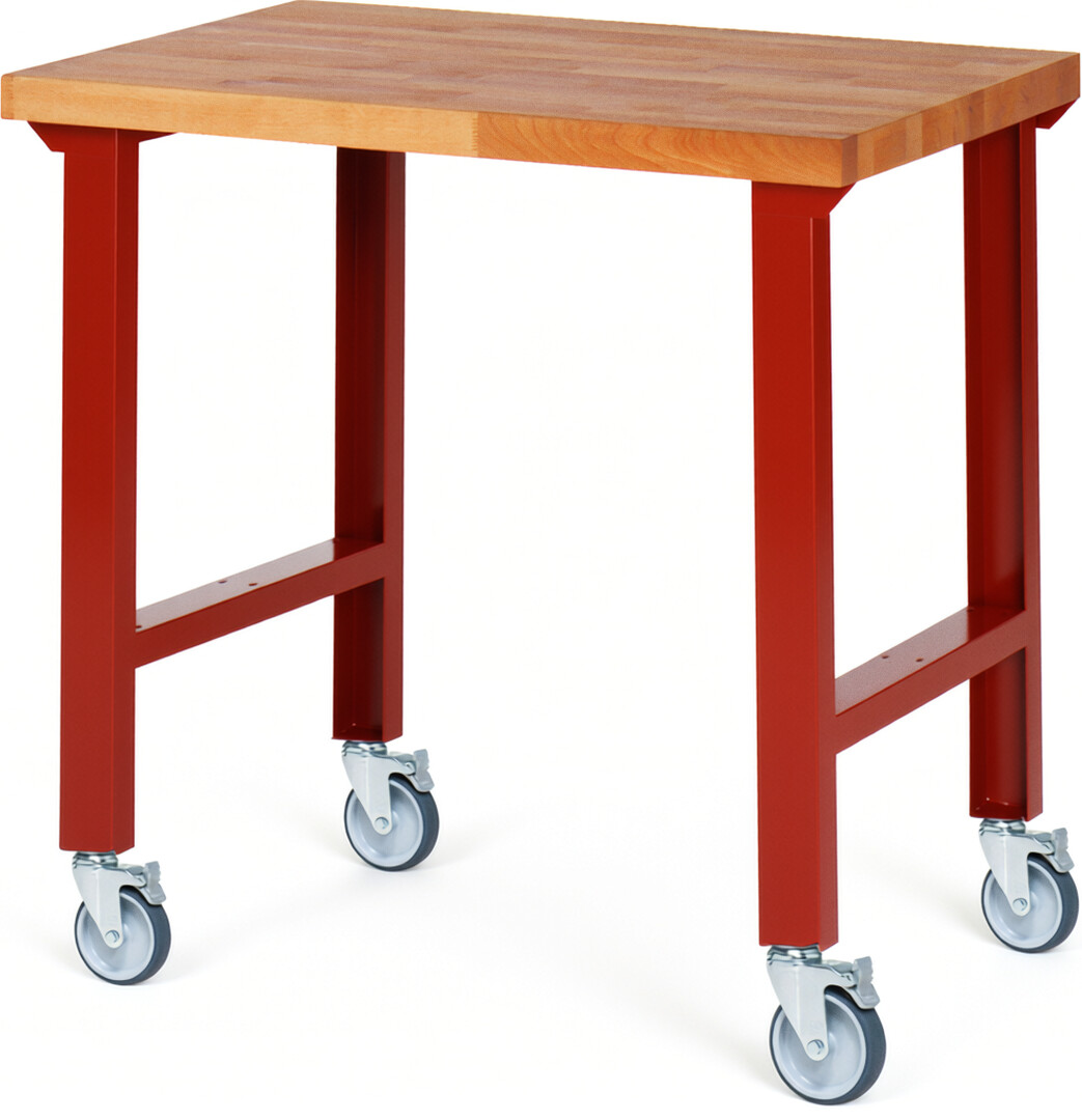 Fahrbare Werkbank Modell 7000 rot, BxTxH 1000x700x1000 mm,  Buche-Massiv Arbeitsplatte 40 mm
