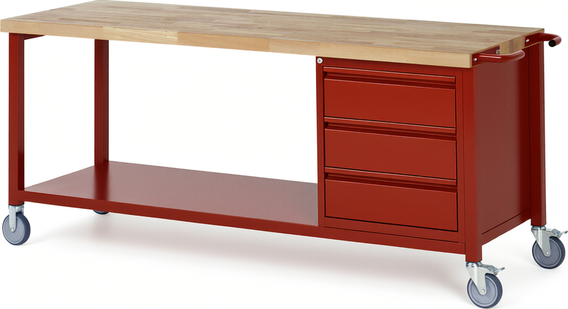 Fahrbare Werkbank - Modell 8157 BASIC rot, BxTxH 2000x700x880 mm,  Buche-Massiv Arbeitsplatte 40 mm,  3 Schubladen mit  Auszug 90 %