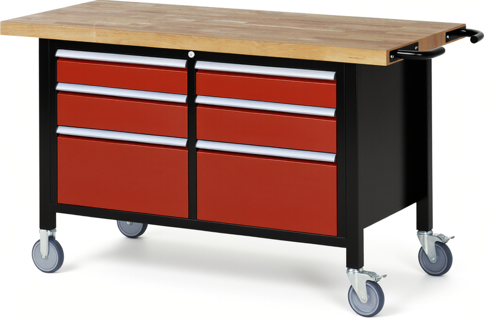 RAU Werkbank schwarz - rot - Breite 150 cm - Tiefe 70 cm - Höhe 108 cm - Buche-Massiv Arbeitsplatte 40 mm