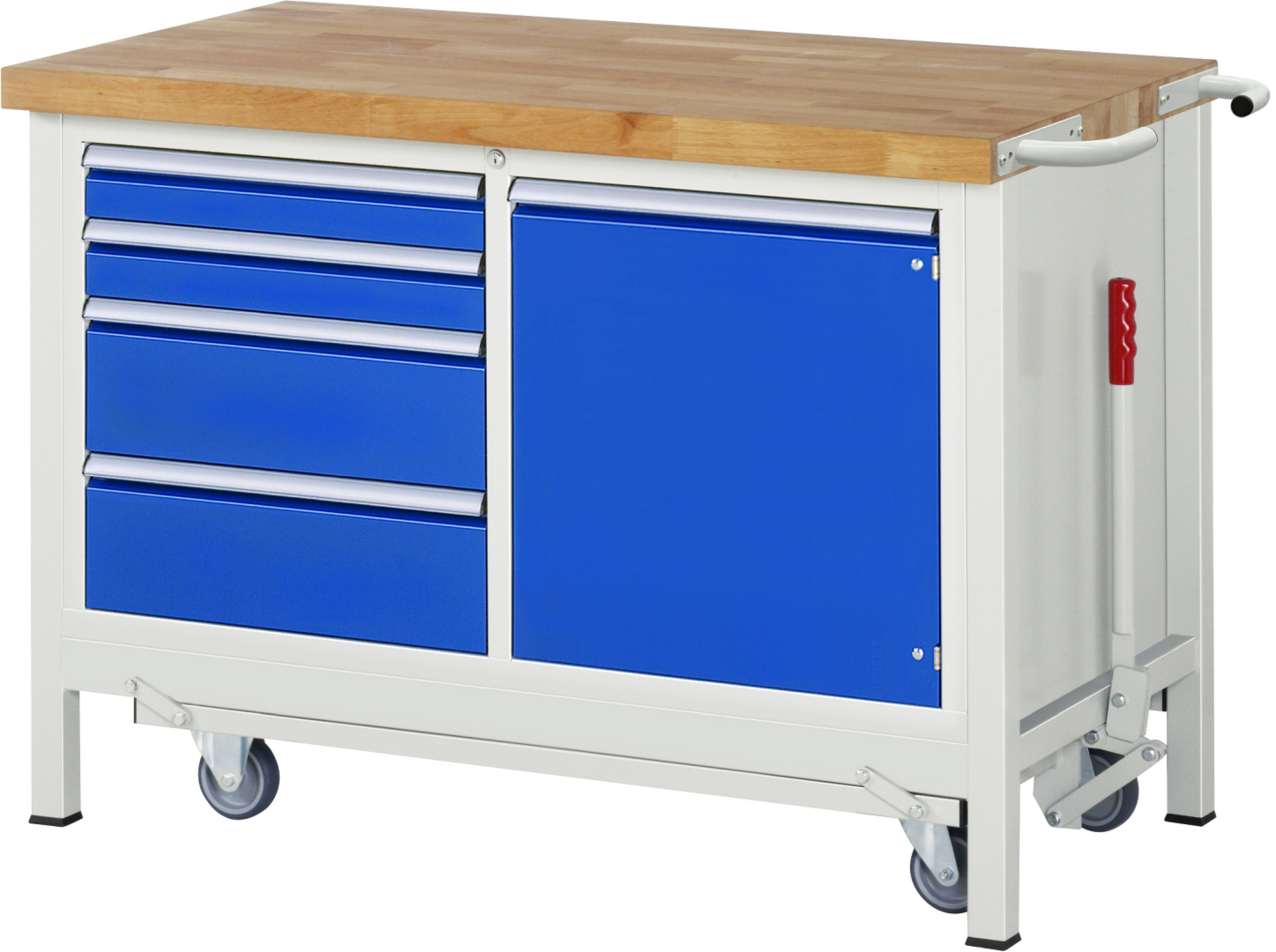 Absenkbare Werkbank Modell 8470 rot - schwarz, BxTxH 1250x700x880 mm,  Buche-Massiv Arbeitsplatte 40 mm,  4 Schubladen mit  Vollauszug 100 % und  SoftClosing