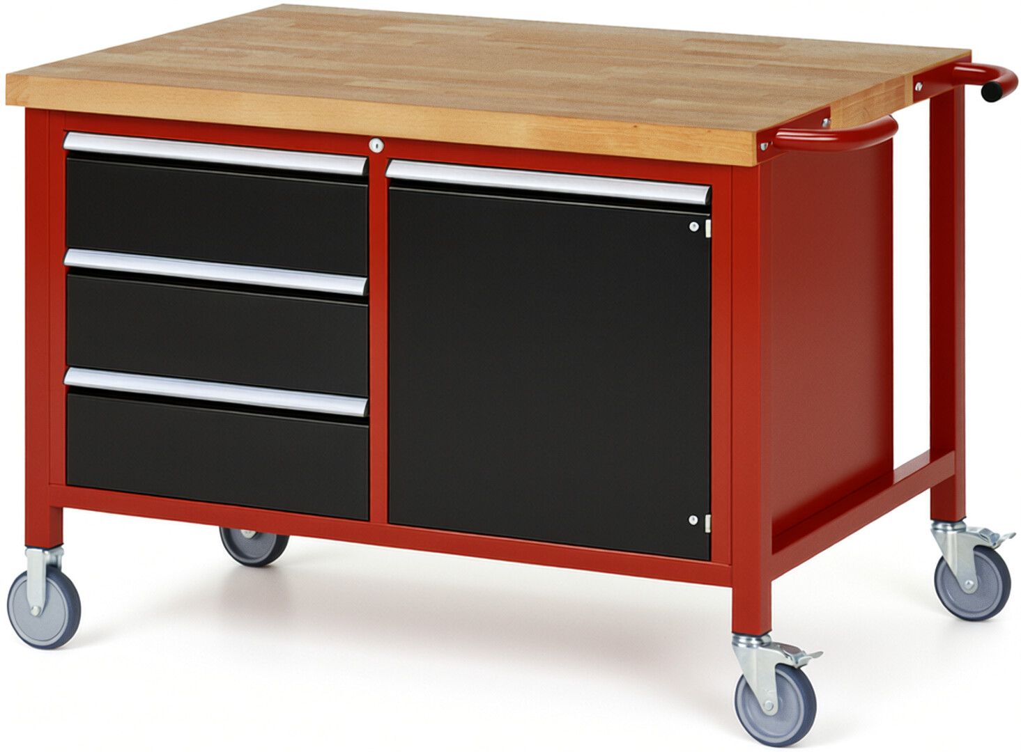 Fahrbare Werkbank Modell 8468 rot - schwarz, BxTxH 1250x900x880-1080 mm,  Buche-Massiv Arbeitsplatte 40 mm,  3 Schubladen mit  Vollauszug 100 % und  SoftClosing