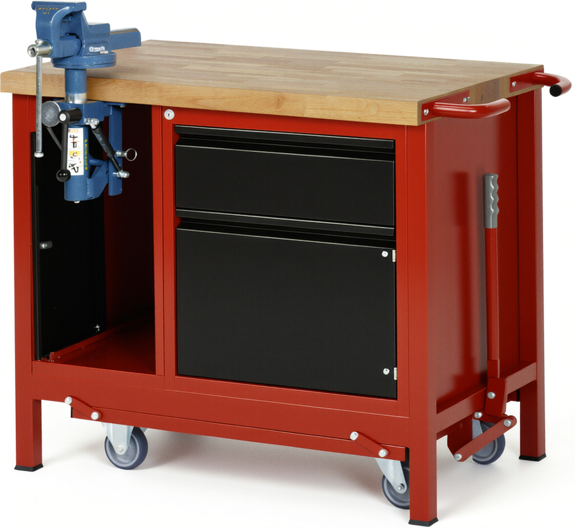 Absenkbare Werkbank - Modell 8181 BASIC rot - schwarz, BxTxH 1000x700x880 mm,  Buche-Massiv Arbeitsplatte 40 mm,  1 Schublade mit  Auszug 90 %