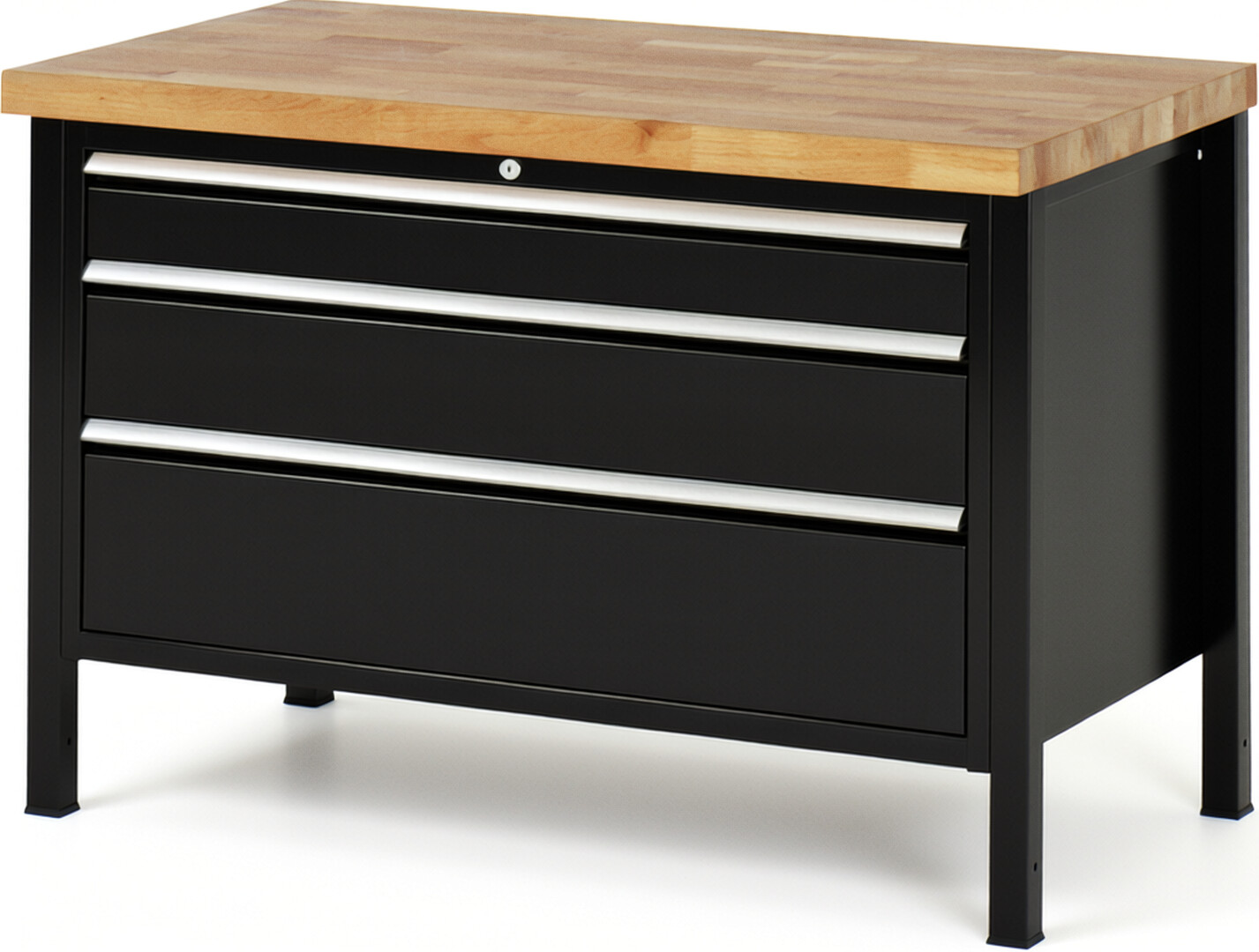 Werkbank Modell 8359 schwarz, BxTxH 1250x700x840-1040 mm,  Buche-Massiv Arbeitsplatte 40 mm,  3 Schubladen mit  Vollauszug 100 % und  SoftClosing