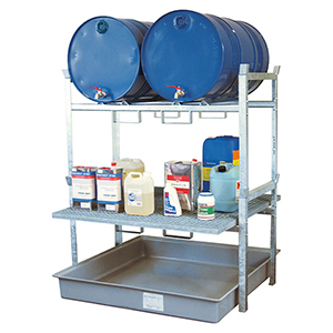 Fassregal, Stahl verzinkt, mit Fassauflage für 2x200-l-Fässer und 1 Gitterrostauflage, GFK-Auffangwanne Auffangvolumen 220 l, BxTxH 1410x1280x1620 mm