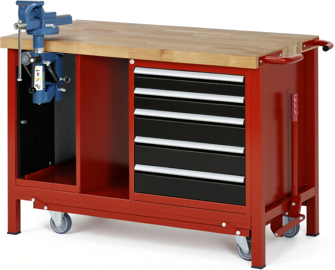 Absenkbare Werkbank Modell 8187 rot - schwarz, BxTxH 1250x700x880 mm,  Buche-Massiv Arbeitsplatte 40 mm,  5 Schubladen mit  Vollauszug 100 % und  SoftClosing