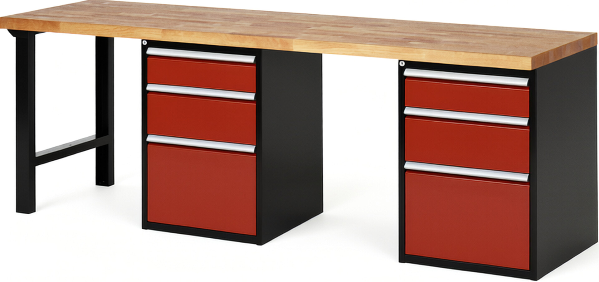 Werkbank Modell 7508 schwarz-rot, BxTxH 2500x700x840 mm,  Buche-Massiv Arbeitsplatte 40 mm,  6 Schubladen mit  Vollauszug 100 % und  SoftClosing