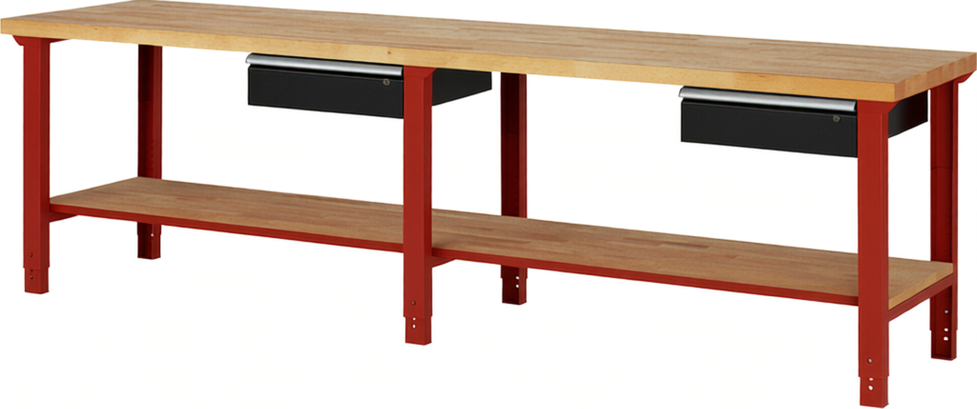RAU Werkbank rot - schwarz - Breite 300 cm - Tiefe 70 cm - Höhe 114 cm - Buche-Massiv Arbeitsplatte 40 mm
