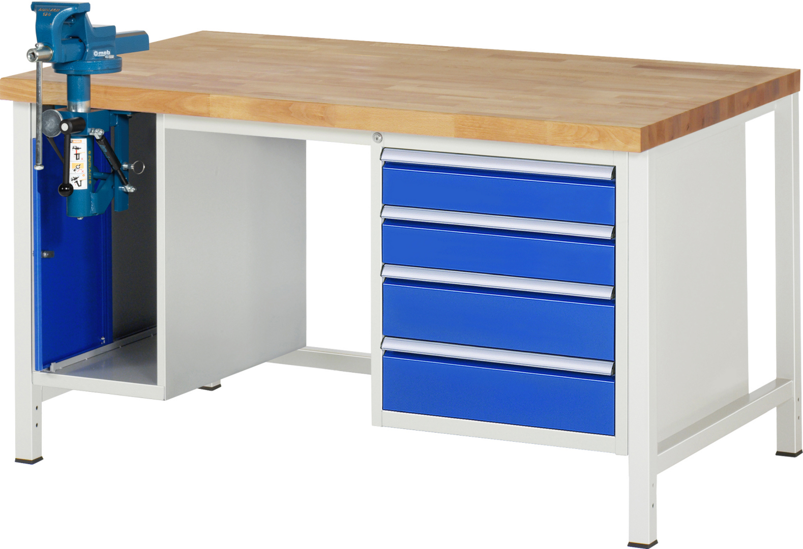 Werkbank Modell 8185 schwarz, BxTxH 1500x900x840 mm,  Buche-Massiv Arbeitsplatte 40 mm,  4 Schubladen mit  Vollauszug 100 % und  SoftClosing