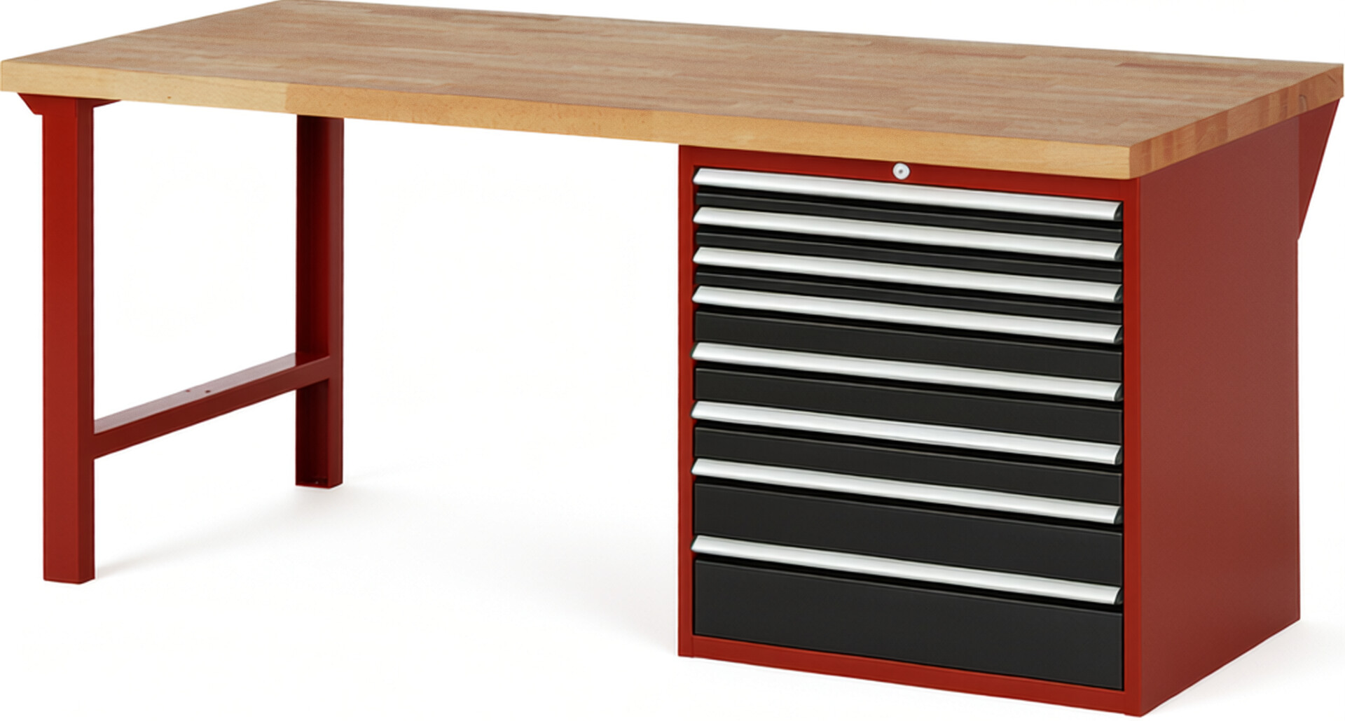 Werkbank Modell 7619 rot - schwarz, BxTxH 2000x900x840 mm,  Buche-Massiv Arbeitsplatte 40 mm,  8 Schubladen mit  Vollauszug 100 % und  SoftClosing