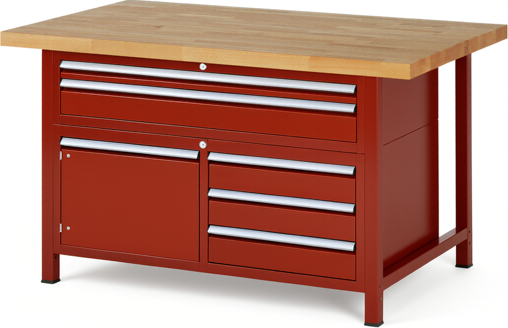 RAU Werkbank rot - Breite 150 cm - Tiefe 90 cm - Höhe 104 cm - Buche-Massiv Arbeitsplatte 40 mm