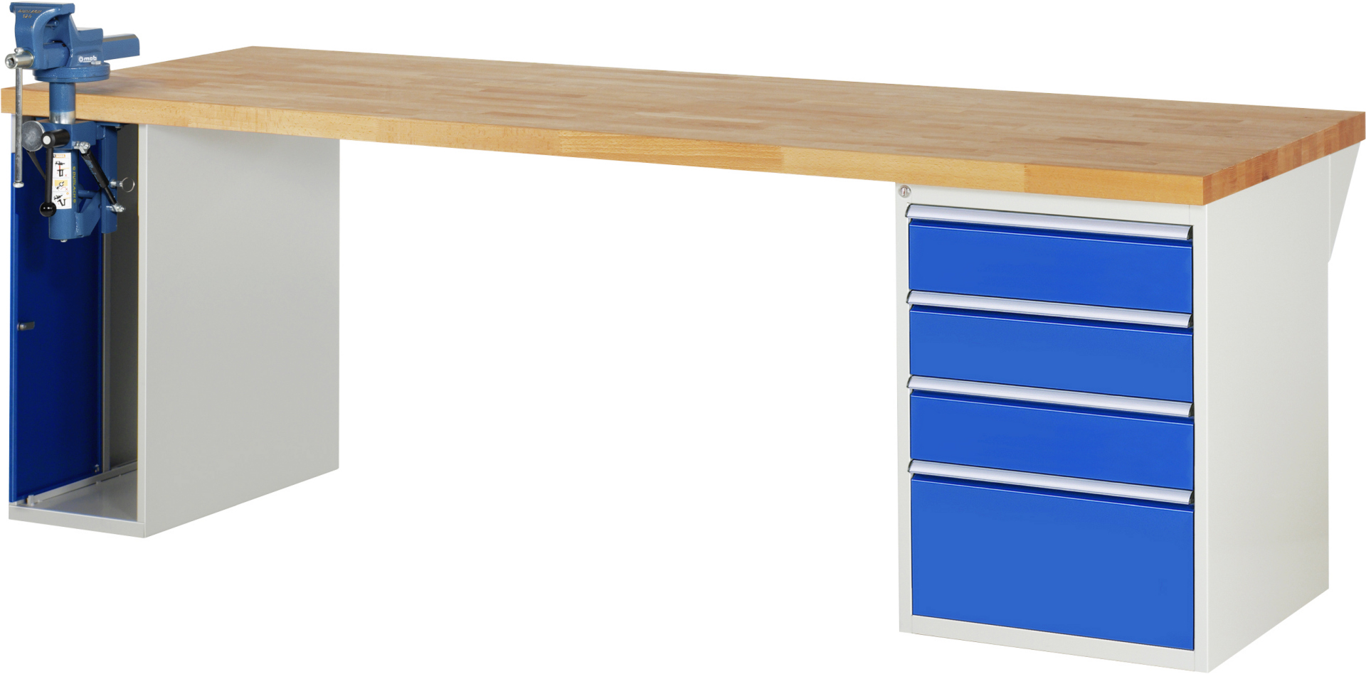 Werkbank Modell 7510 rot - schwarz, BxTxH 2500x900x840 mm,  Buche-Massiv Arbeitsplatte 40 mm,  4 Schubladen mit  Vollauszug 100 % und  SoftClosing