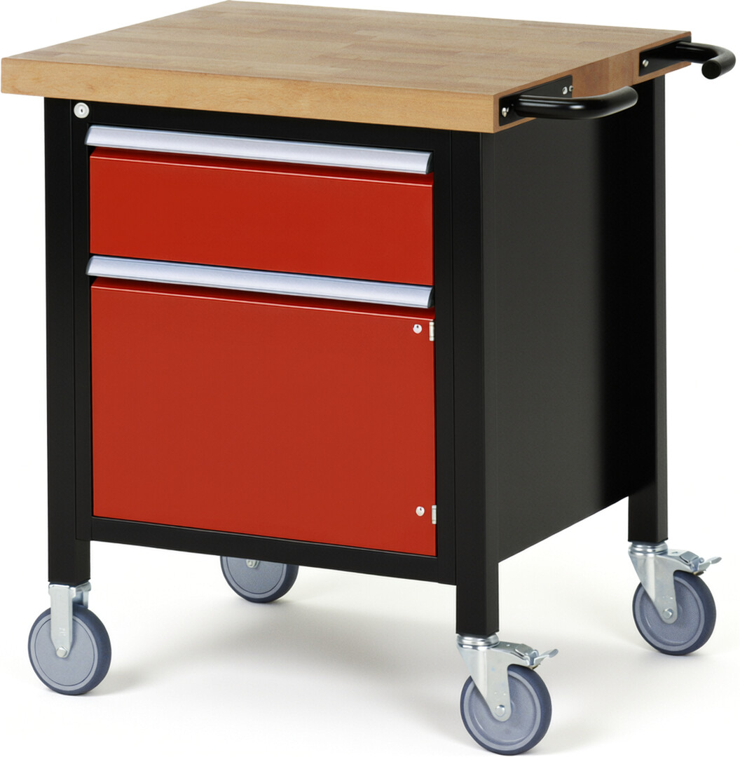 RAU Werkbank schwarz - rot - Breite 75 cm - Tiefe 70 cm - Höhe 88 cm - Buche-Massiv Arbeitsplatte 40 mm