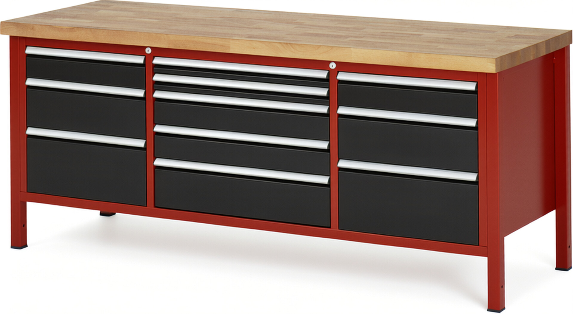 Werkbank Modell 8758 rot - schwarz, BxTxH 2000x700x840-1040 mm,  Buche-Massiv Arbeitsplatte 40 mm,  11 Schubladen mit  Auszug 90 %
