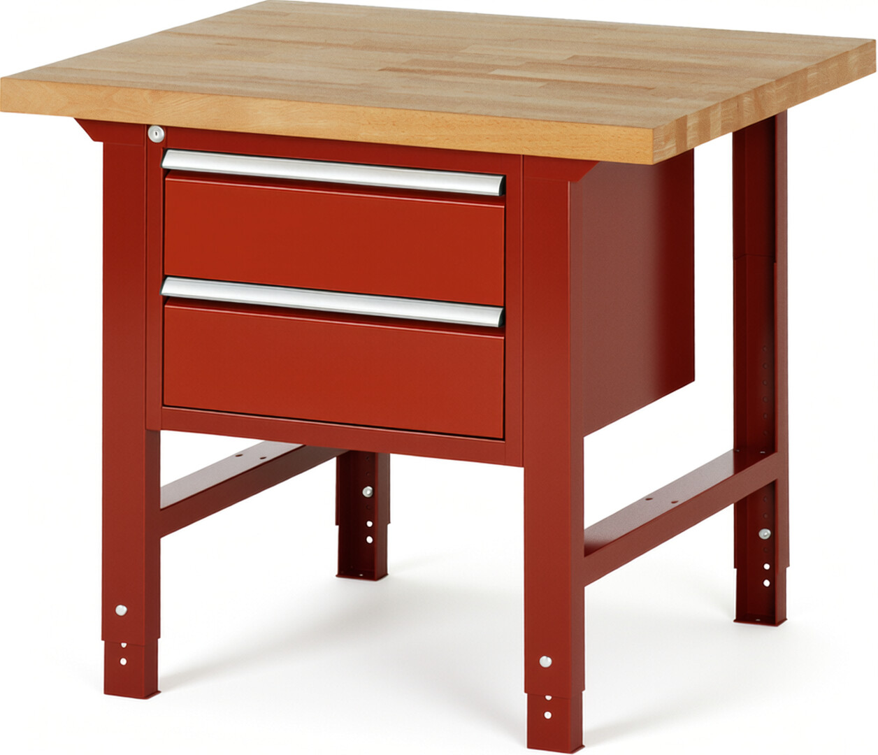 Werkbank Modell 7125 rot, BxTxH 1000x900x790-1140 mm,  Buche-Massiv Arbeitsplatte 40 mm,  2 Schubladen mit  Auszug 90 %