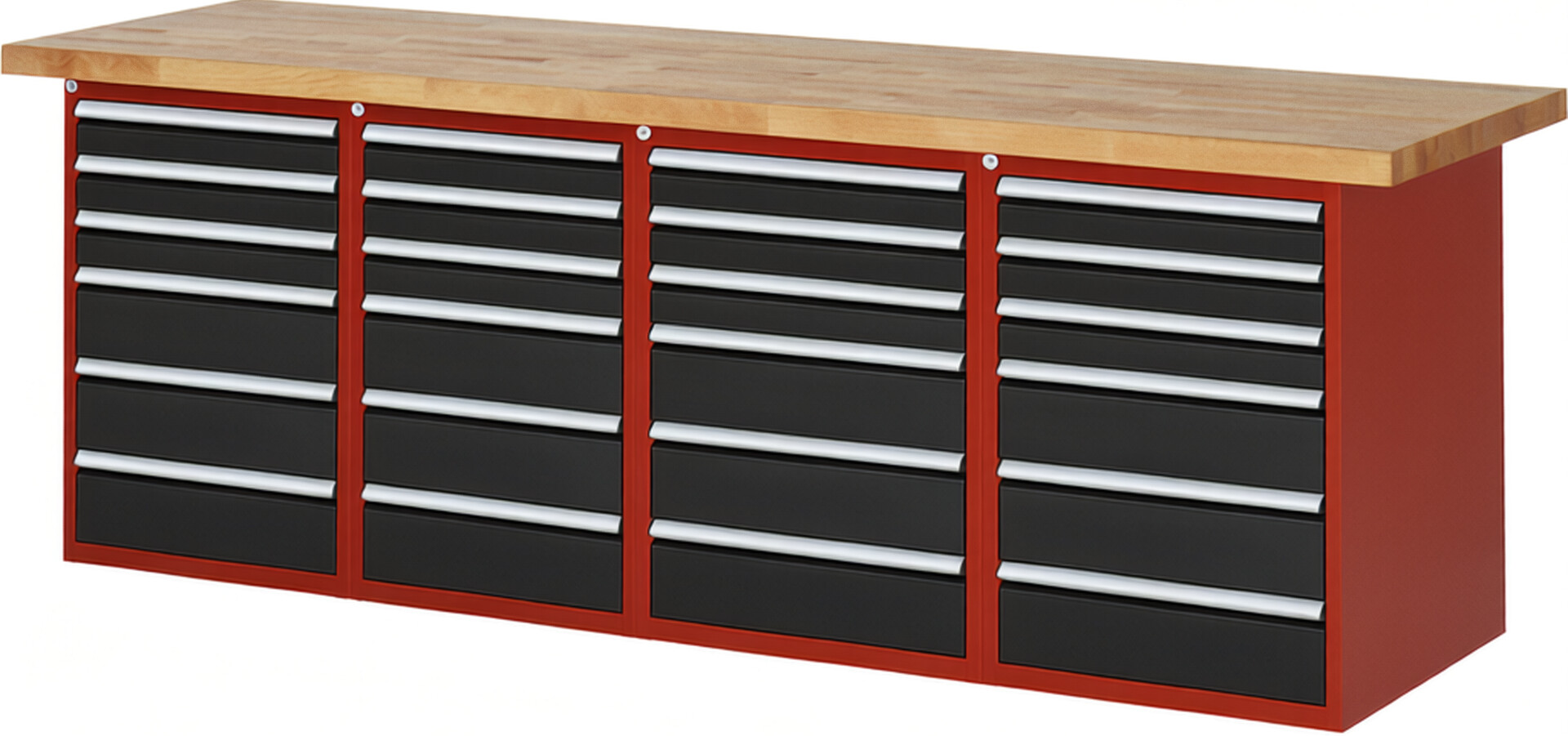 Werkbank Modell 7515 rot - schwarz, BxTxH 2500x700x840 mm,  Buche-Massiv Arbeitsplatte 40 mm,  24 Schubladen mit  Auszug 90 %