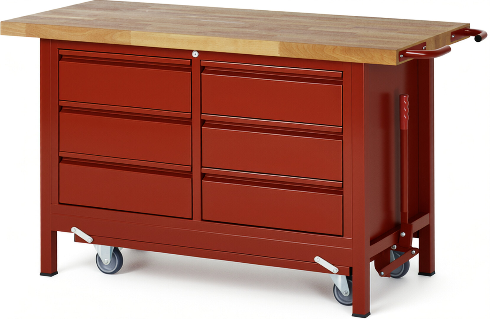 Absenkbare Werkbank - Modell 8473 BASIC rot, BxTxH 1500x700x880 mm,  Buche-Massiv Arbeitsplatte 40 mm,  6 Schubladen mit  Auszug 90 %