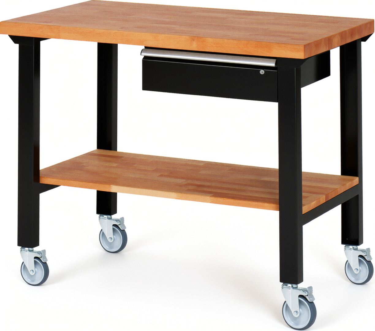 RAU Werkbank schwarz - Breite 125 cm - Tiefe 70 cm - Höhe 100 cm - Buche-Massiv Arbeitsplatte 40 mm