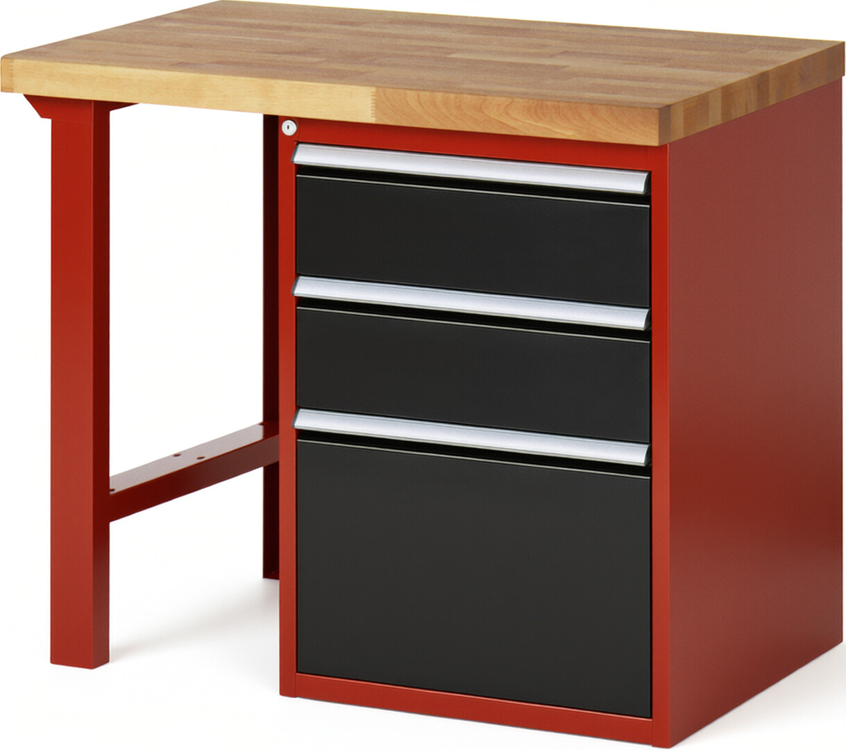 Werkbank Modell 7507 rot - schwarz, BxTxH 1000x700x840 mm,  Buche-Massiv Arbeitsplatte 40 mm,  3 Schubladen mit  Auszug 90 %