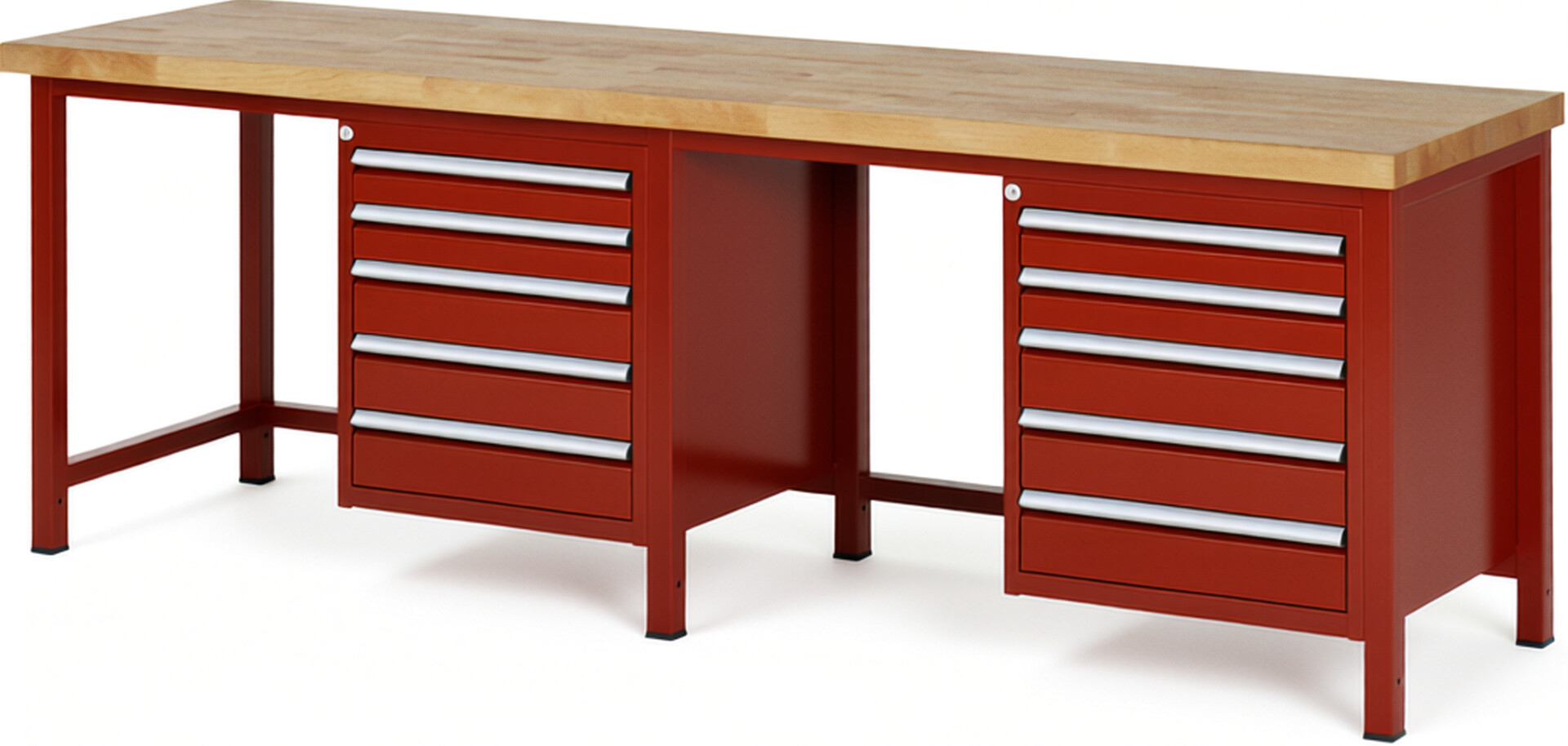 Werkbank Modell 8171 rot, BxTxH 2500x700x840 mm,  Buche-Massiv Arbeitsplatte 40 mm,  10 Schubladen mit  Auszug 90 %