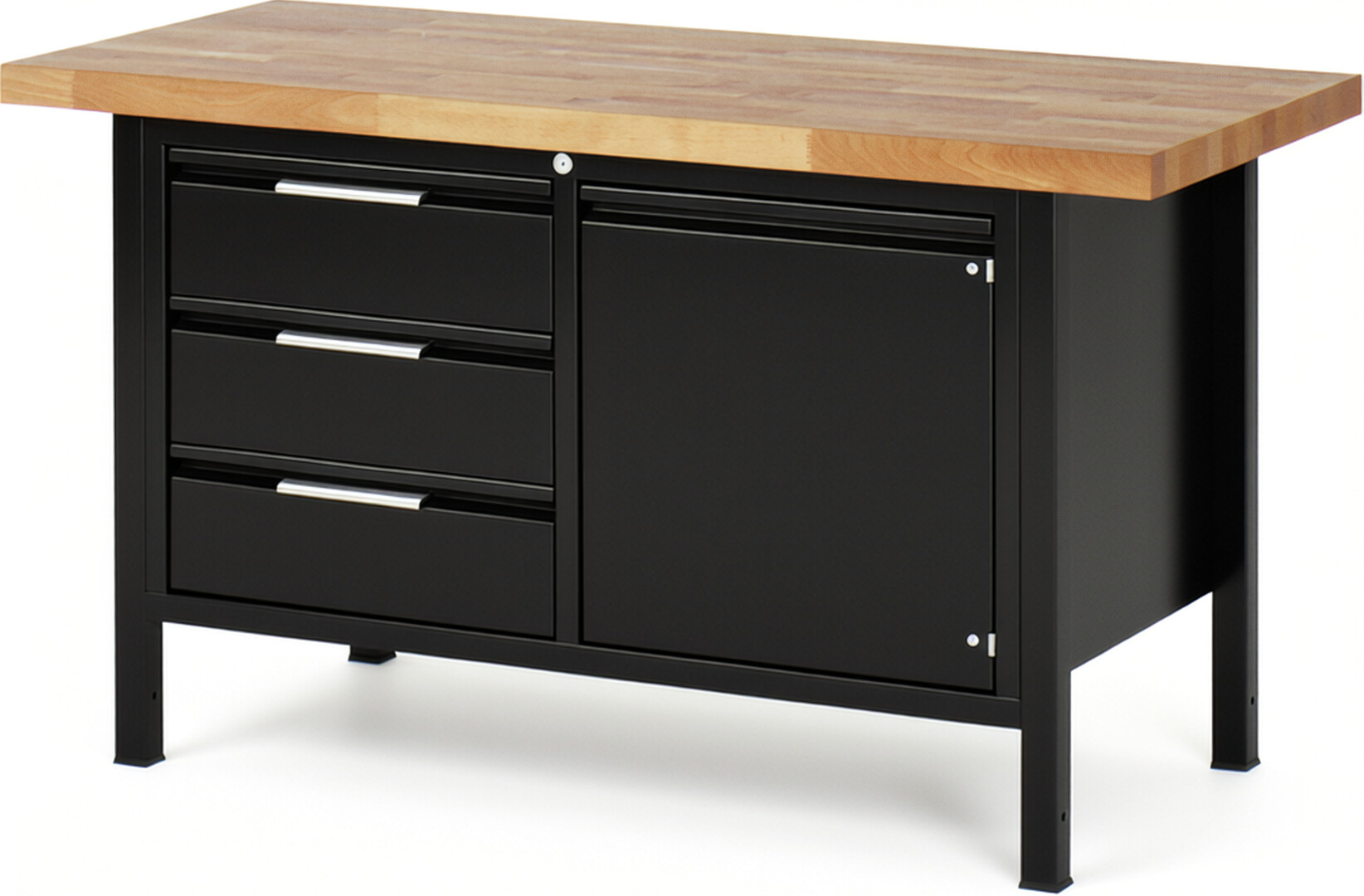 Werkbank, Platte Buche 40 mm schwarz, BxTxH 1500x700x840 mm, 3 Schubladen 180 mm, 1 Tür 540 mm, 1 Fachboden, RAL 9011/9011