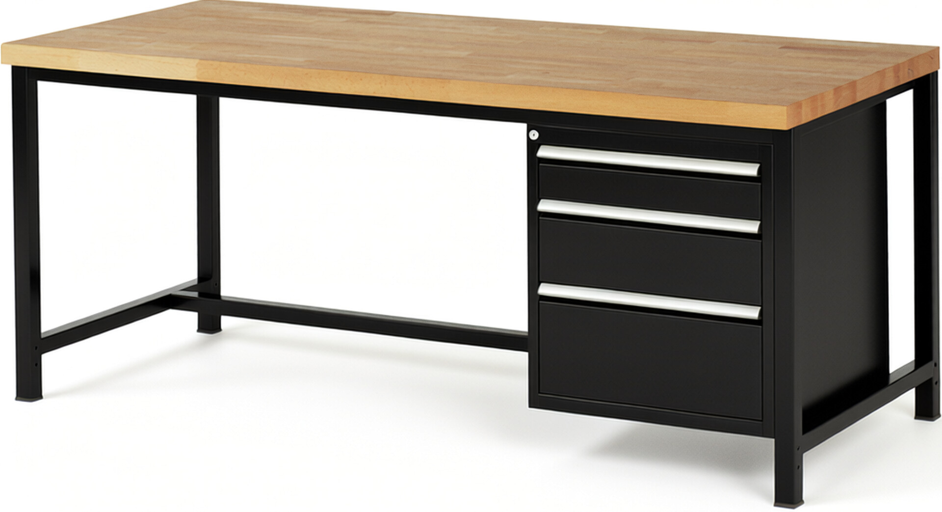 Werkbank Modell 8159 schwarz, BxTxH 2000x900x840-1040 mm,  Buche-Massiv Arbeitsplatte 40 mm,  3 Schubladen mit  Auszug 90 %