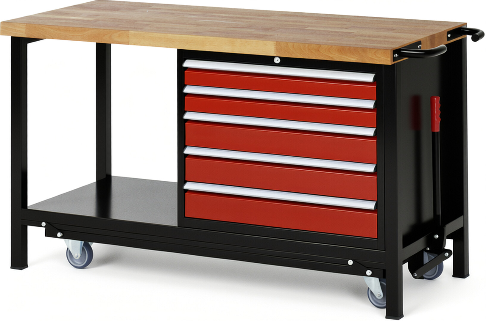 RAU Werkbank schwarz - rot - Breite 150 cm - Tiefe 70 cm - Höhe 88 cm - Buche-Massiv Arbeitsplatte 40 mm