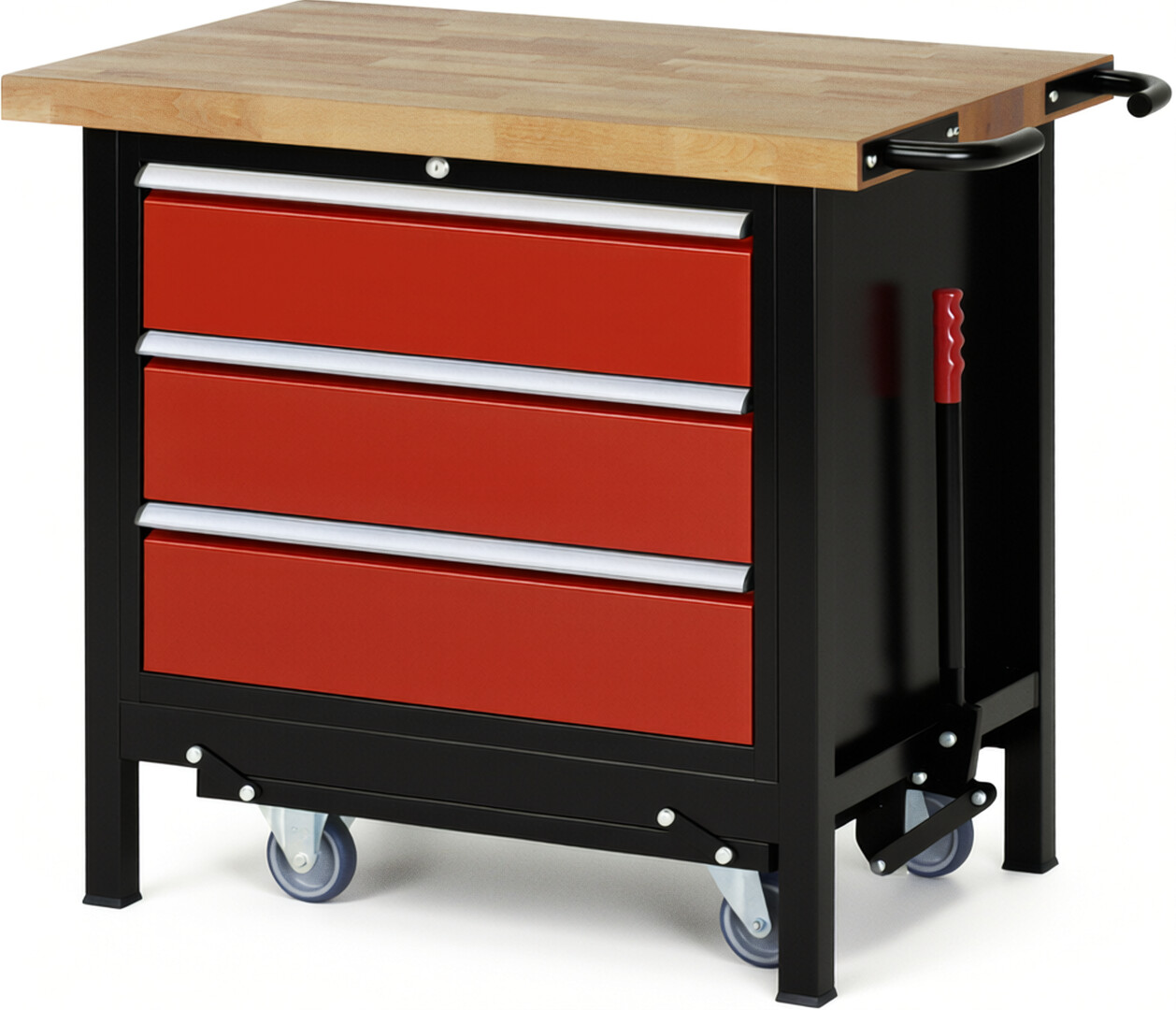 RAU Werkbank schwarz - rot - Breite 100 cm - Tiefe 70 cm - Höhe 88 cm - Buche-Massiv Arbeitsplatte 40 mm