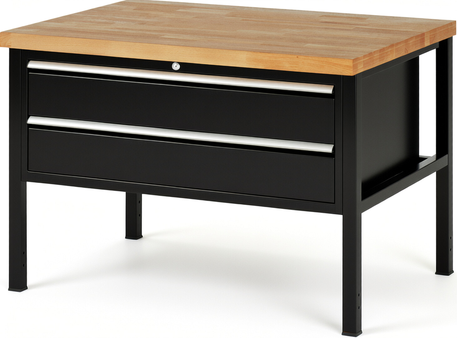 Werkbank Modell 8325 schwarz, BxTxH 1250x900x840-1040 mm,  Buche-Massiv Arbeitsplatte 40 mm,  2 Schubladen mit  Vollauszug 100 % und  SoftClosing