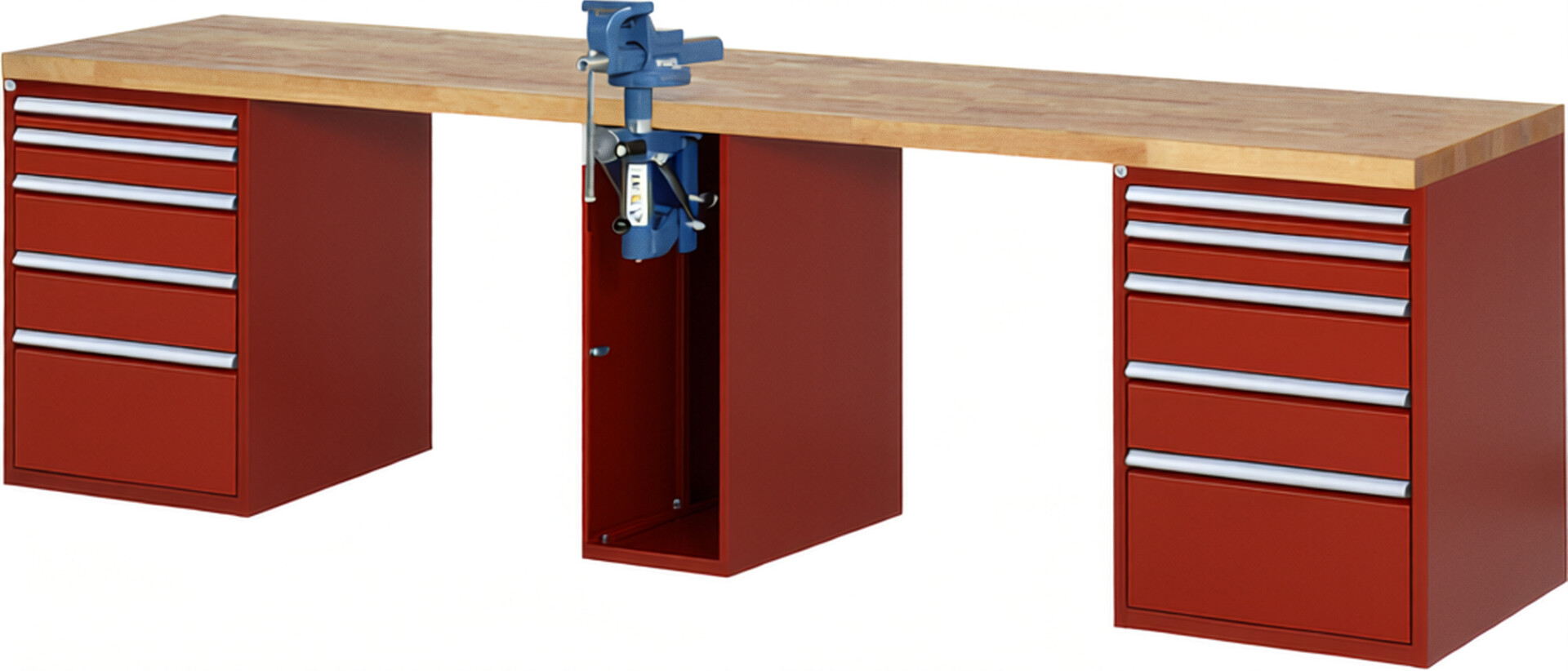 Werkbank Modell 7511 rot, BxTxH 3000x700x890 mm,  Buche-Massiv Arbeitsplatte 40 mm,  10 Schubladen mit  Vollauszug 100 % und  SoftClosing