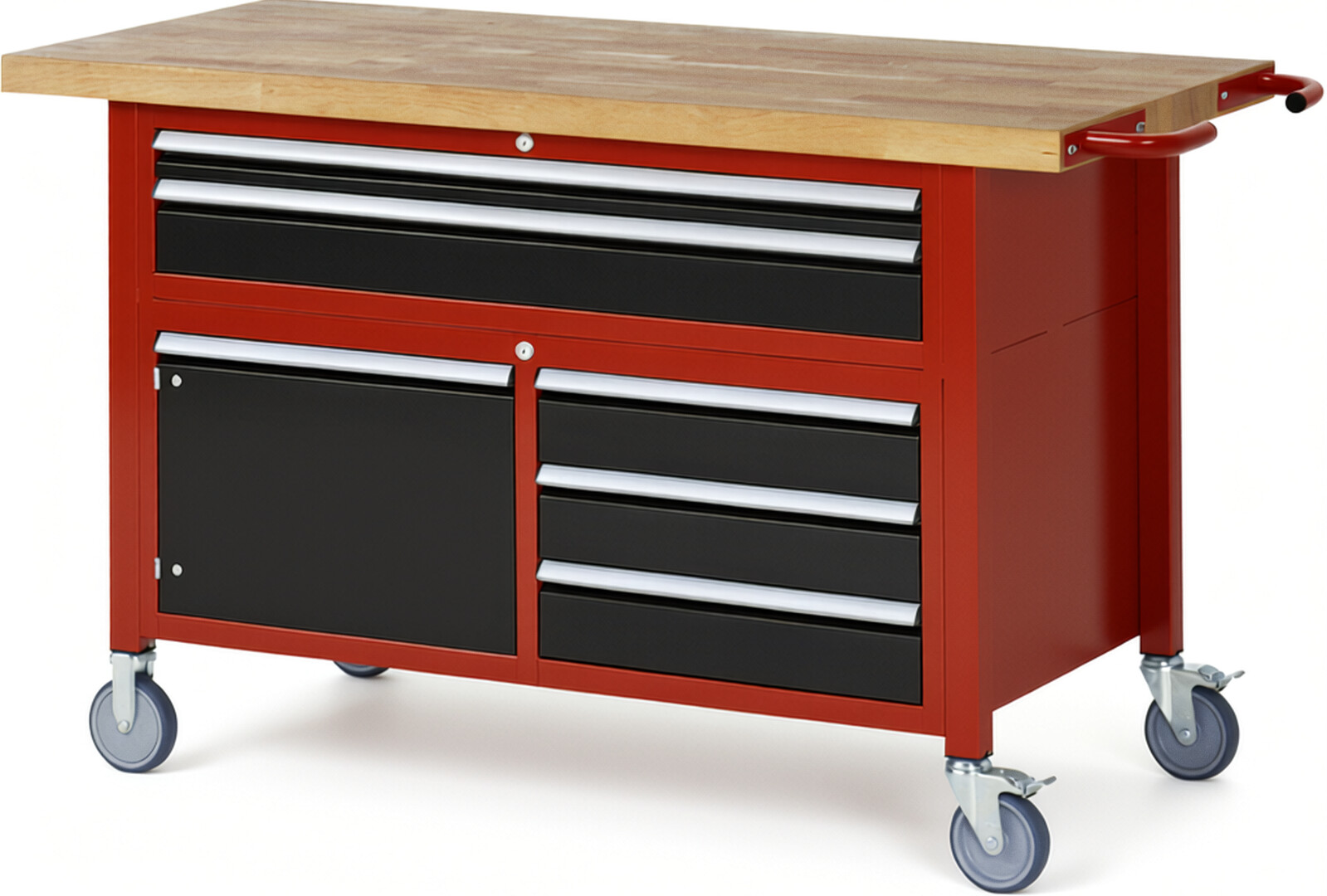 Fahrbare Werkbank Modell 8922 rot - schwarz, BxTxH 1500x700x920-1120 mm,  Buche-Massiv Arbeitsplatte 40 mm,  5 Schubladen mit  Vollauszug 100 % und  SoftClosing