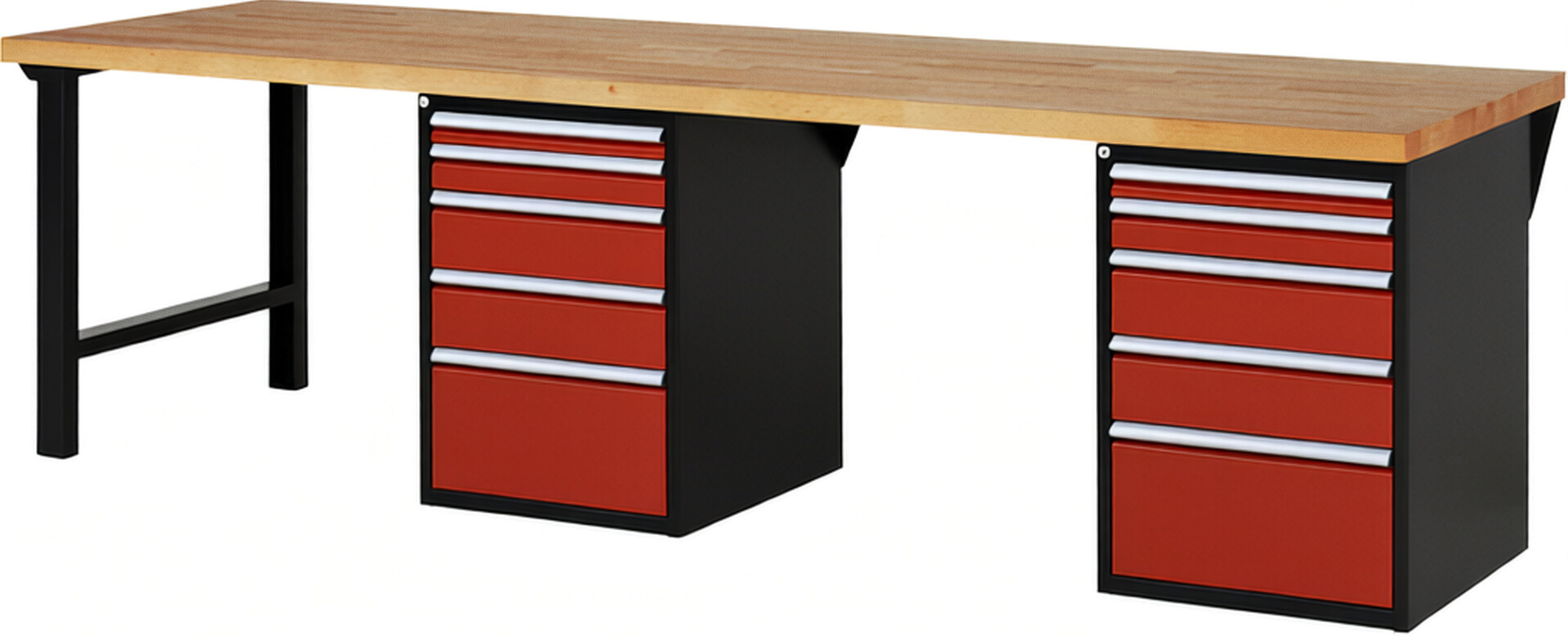Werkbank Modell 7511 schwarz-rot, BxTxH 3000x900x890 mm,  Buche-Massiv Arbeitsplatte 40 mm,  10 Schubladen mit  Vollauszug 100 % und  SoftClosing