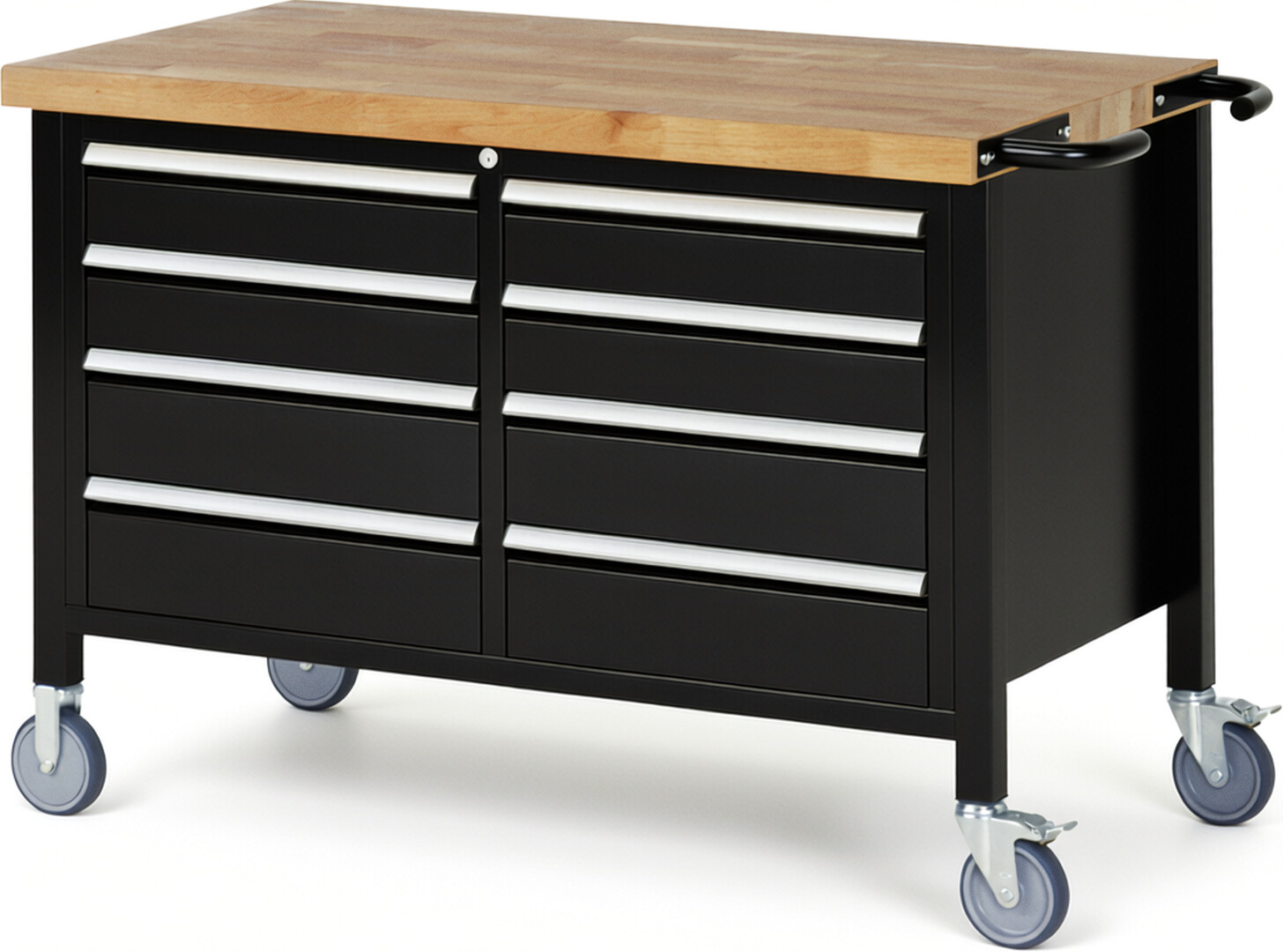 Fahrbare Werkbank Modell 8477 schwarz, BxTxH 1250x700x880 mm,  Buche-Massiv Arbeitsplatte 40 mm,  8 Schubladen mit  Vollauszug 100 % und  SoftClosing