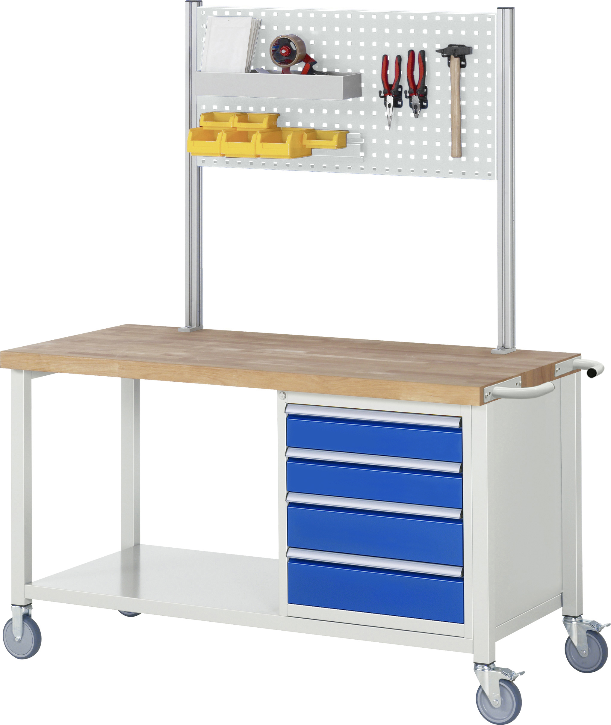 Fahrbare Werkbank Modell 8162 schwarz, BxTxH 1250x700x880 mm,  Buche-Massiv Arbeitsplatte 40 mm,  4 Schubladen mit  Auszug 90 %