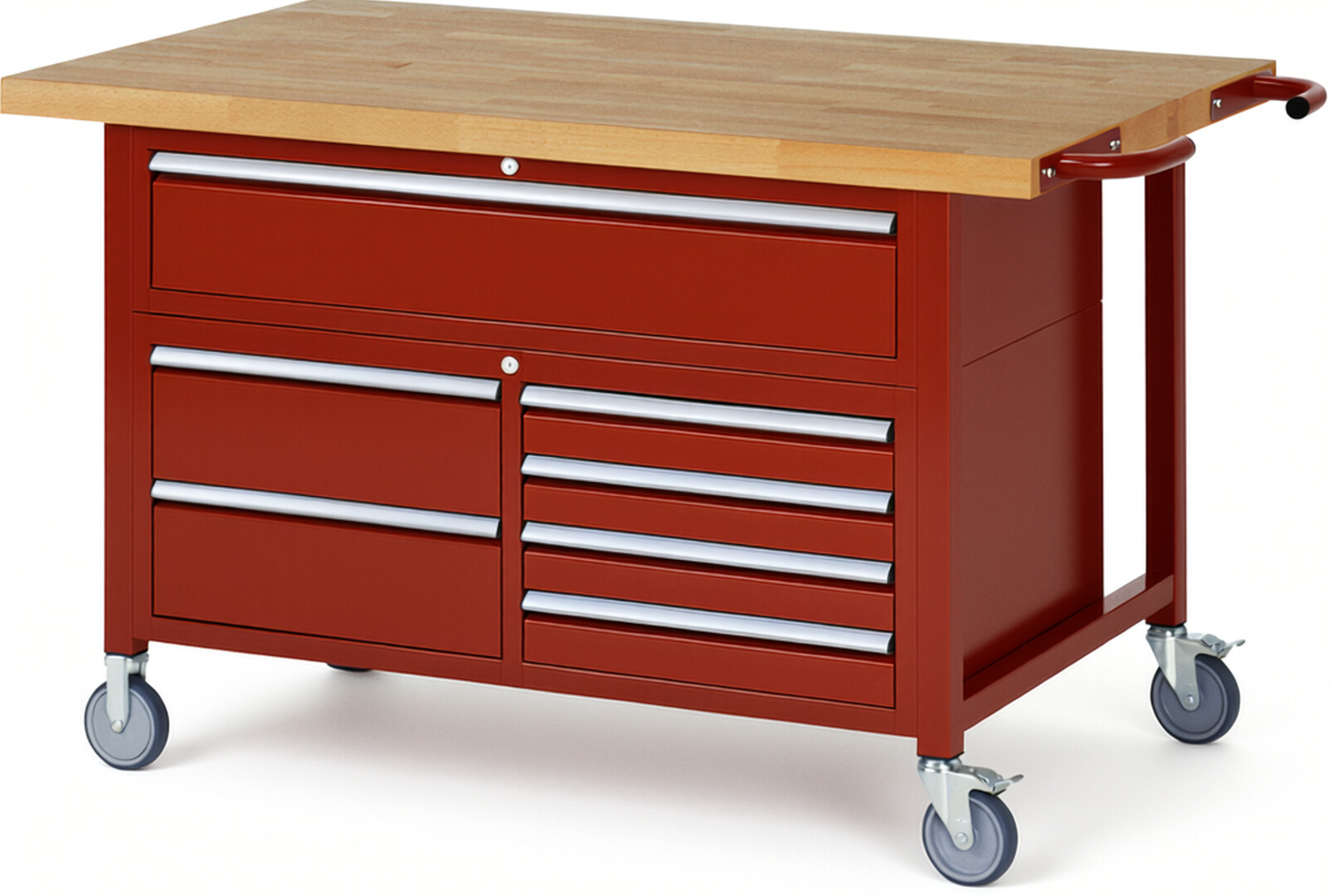 RAU Werkbank rot - Breite 150 cm - Tiefe 90 cm - Höhe 112 cm - Buche-Massiv Arbeitsplatte 40 mm