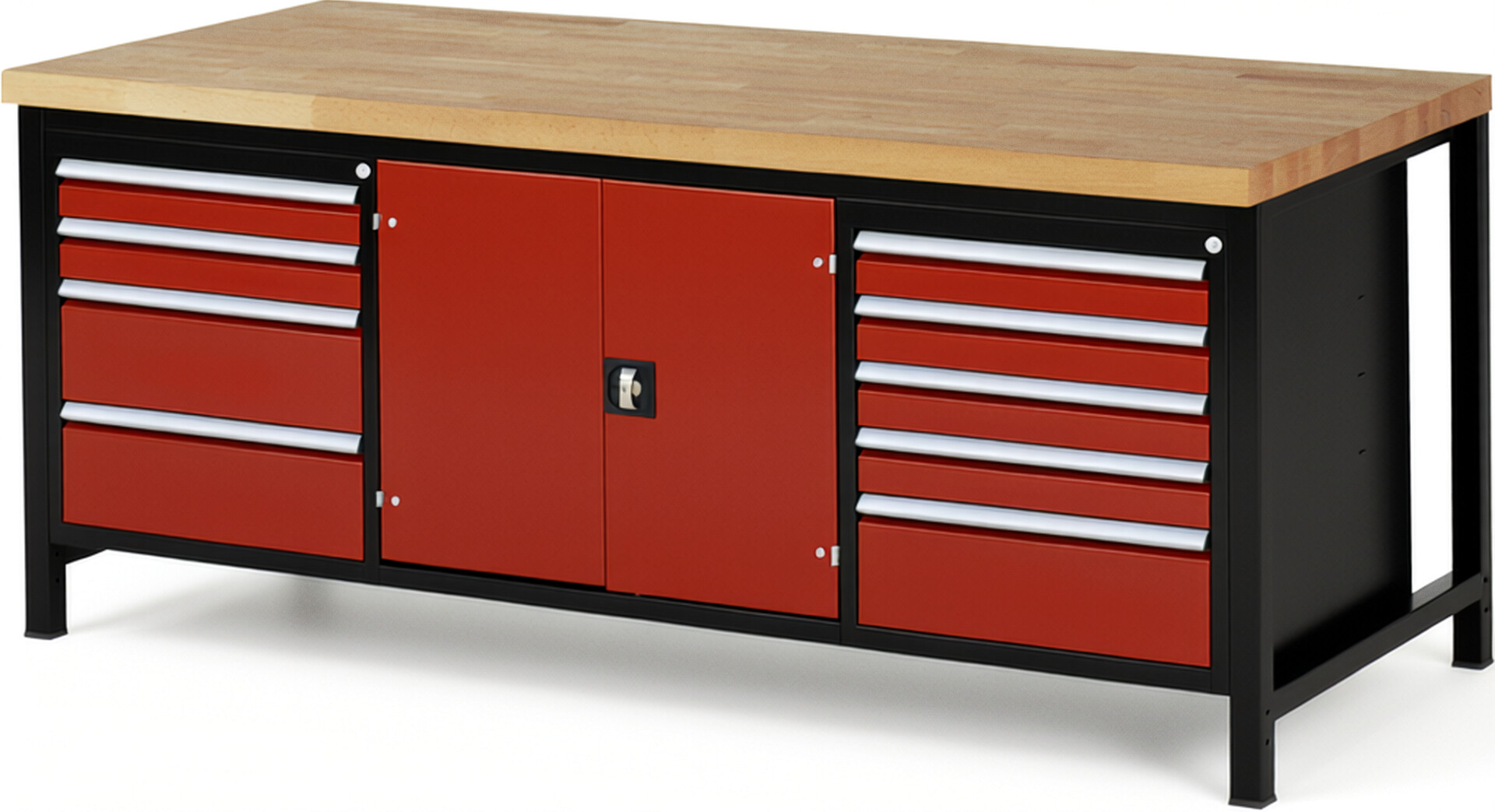 RAU Werkbank schwarz - rot - Breite 200 cm - Tiefe 90 cm - Höhe 104 cm - Buche-Massiv Arbeitsplatte 40 mm